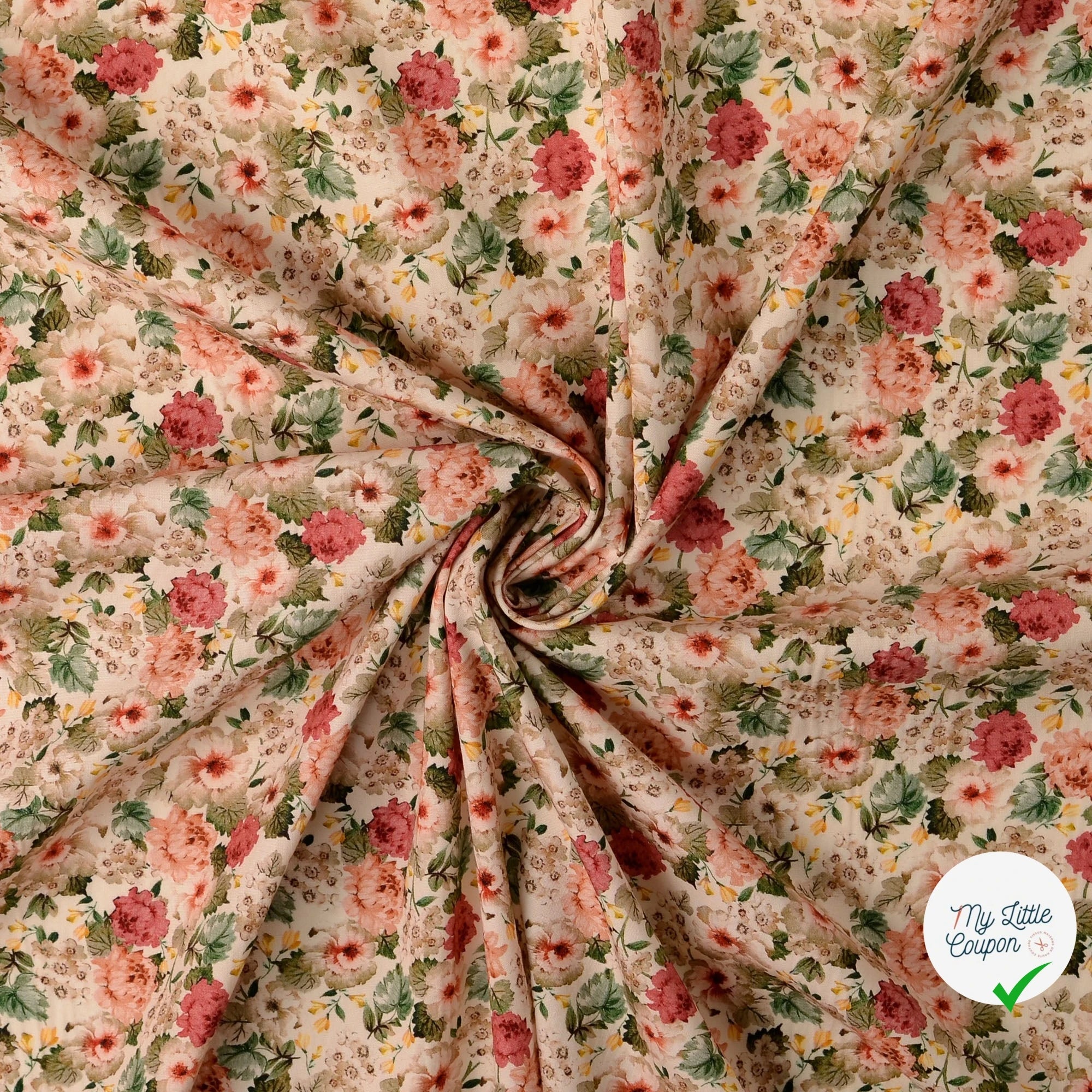 POPELINE DE COTON FLEURS BLANC CASSÉ - My Little Coupon