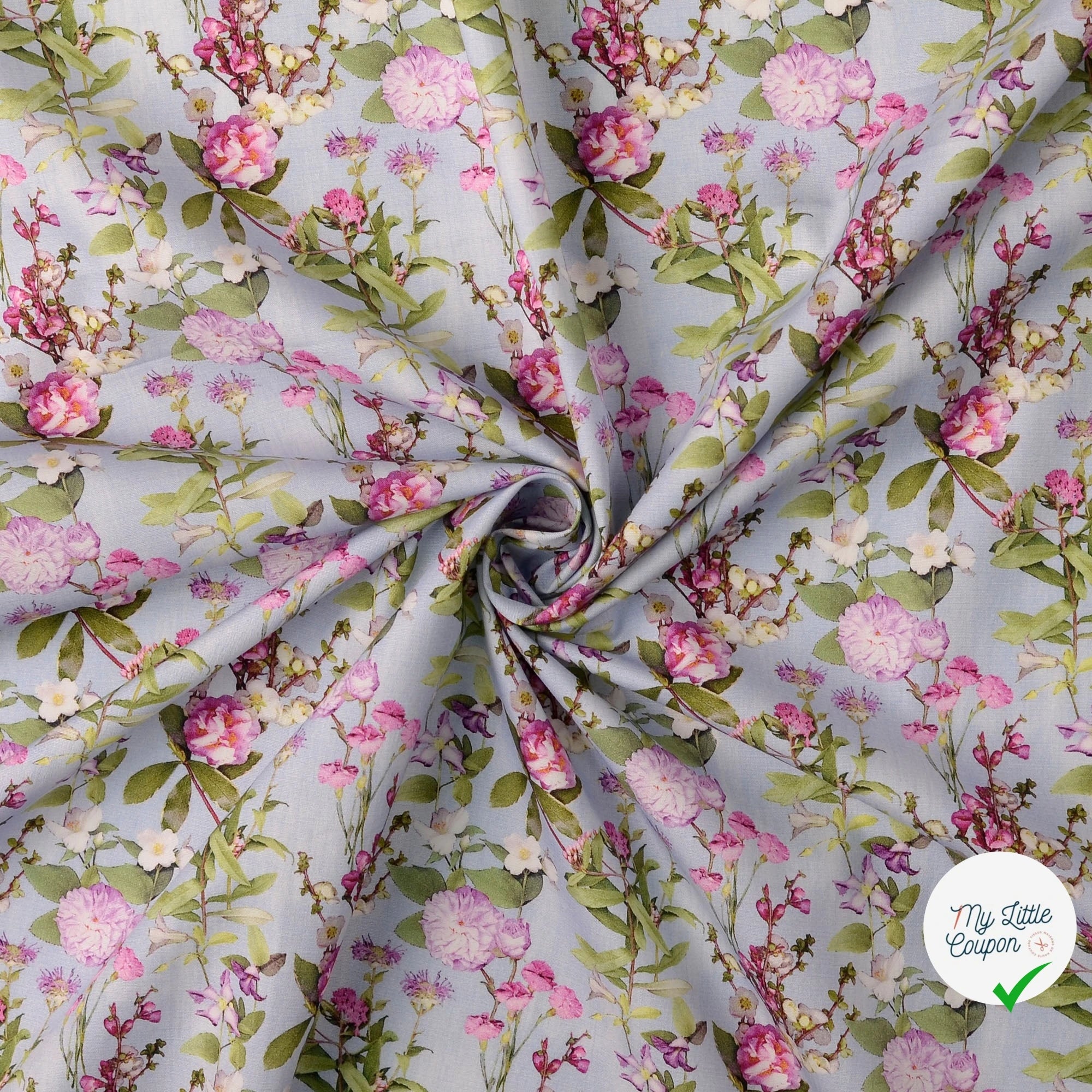 POPELINE DE COTON FLEURS BLEU CLAIR - My Little Coupon