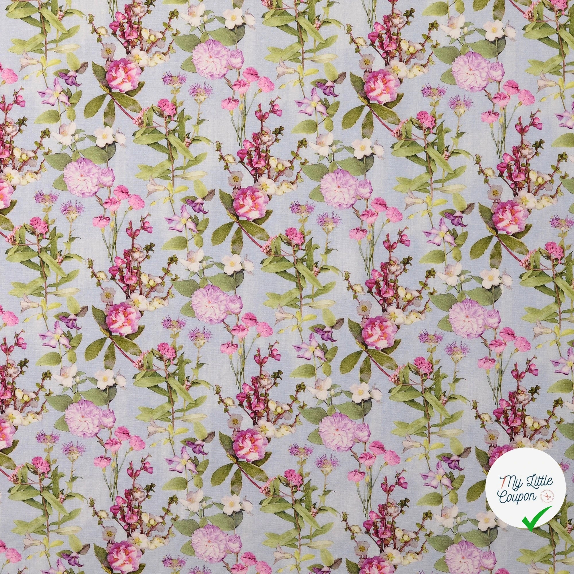 POPELINE DE COTON FLEURS BLEU CLAIR - My Little Coupon