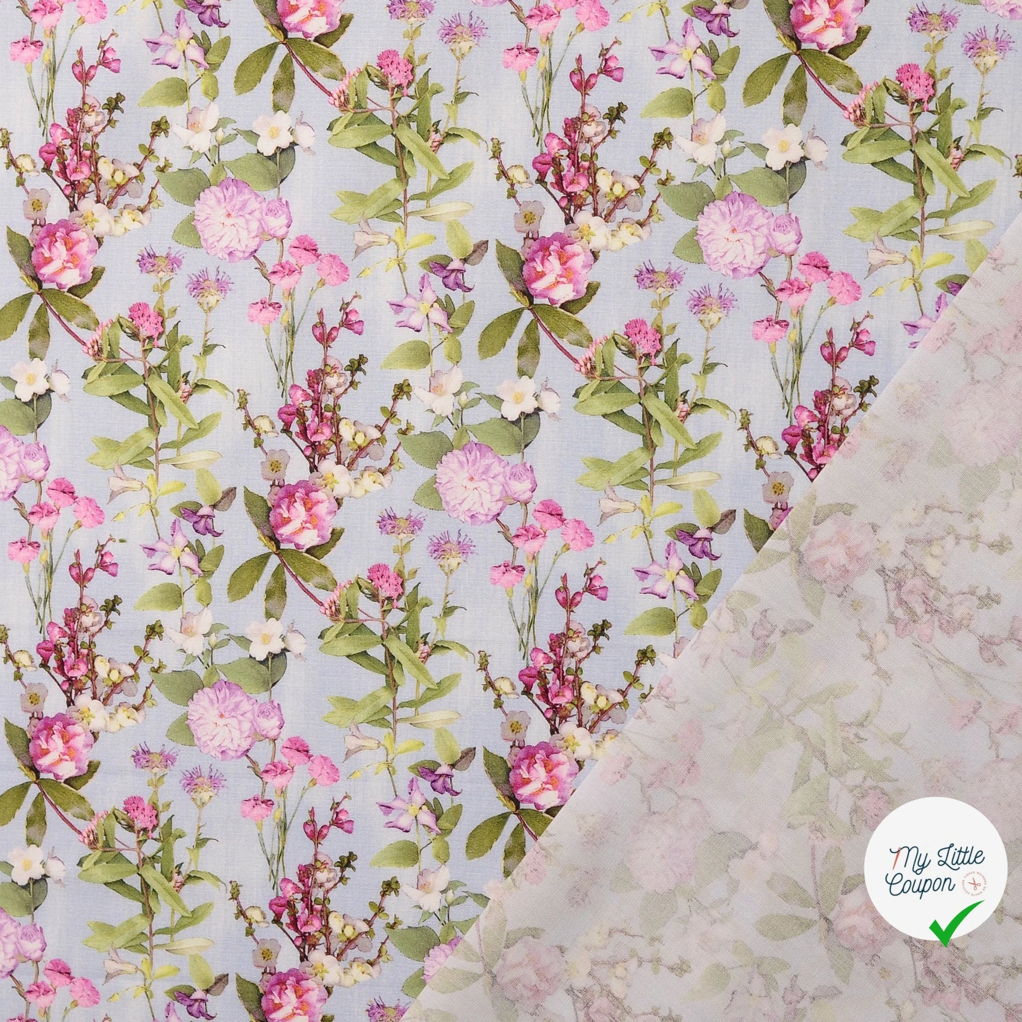 POPELINE DE COTON FLEURS BLEU CLAIR - My Little Coupon