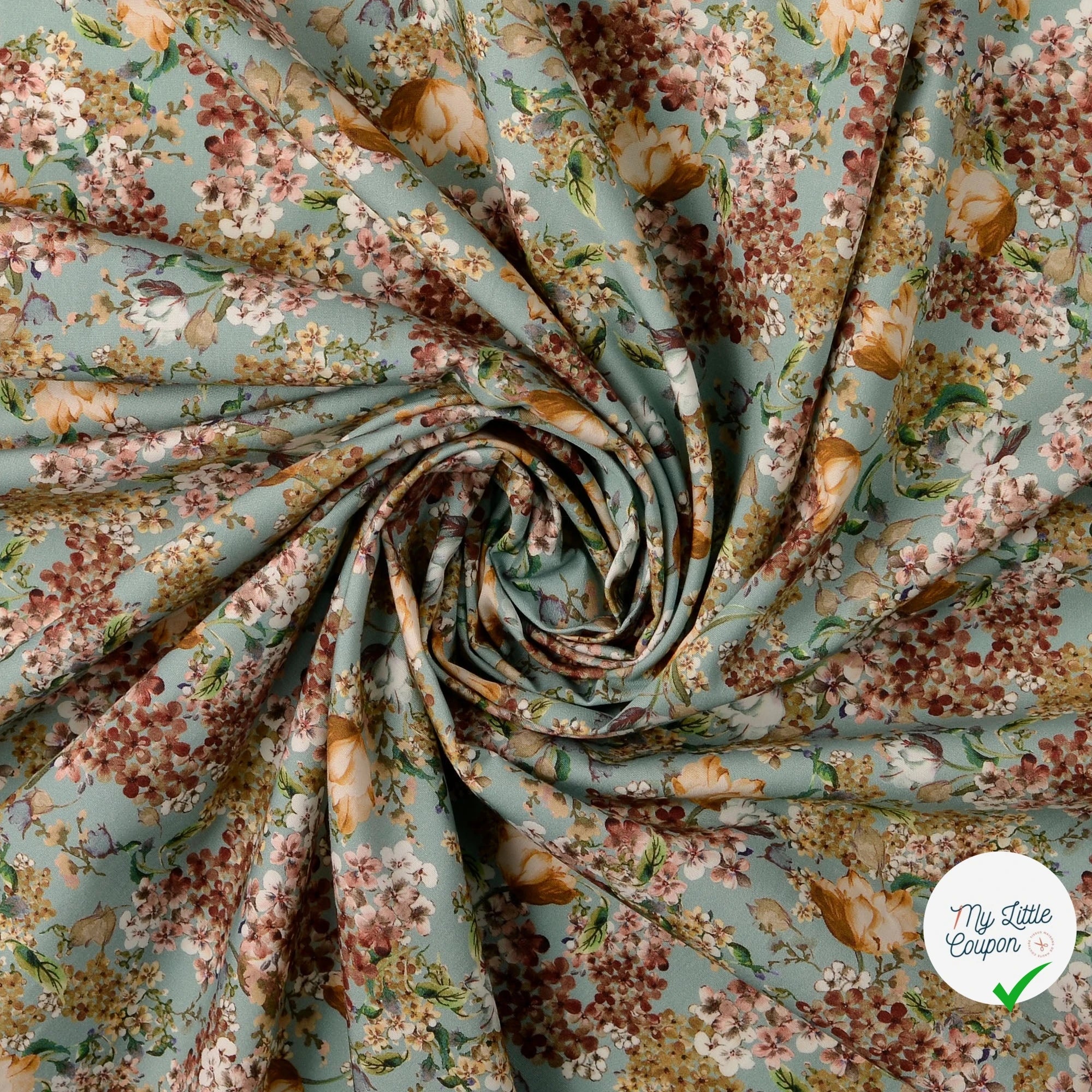 POPELINE DE COTON FLEURS FOND MENTHE - My Little Coupon