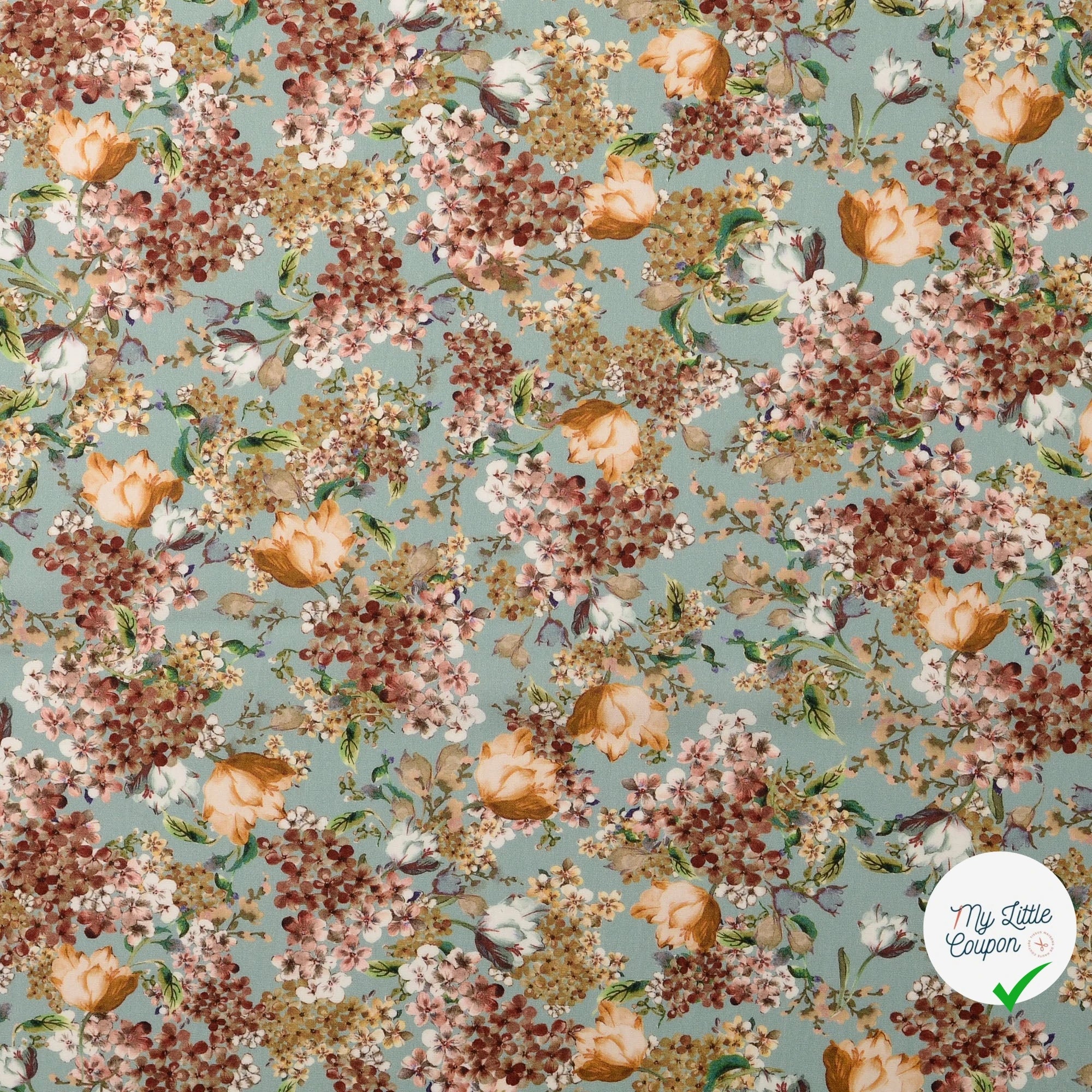 POPELINE DE COTON FLEURS FOND MENTHE - My Little Coupon