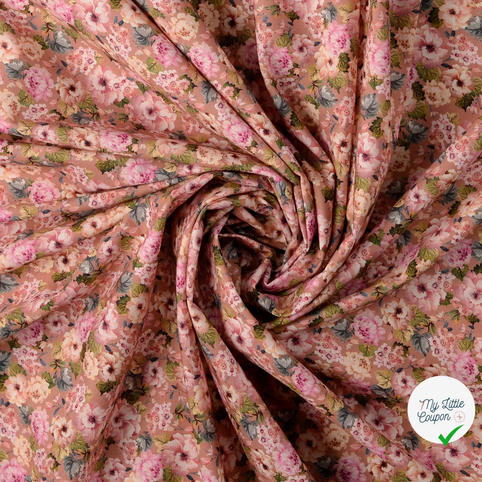 POPELINE DE COTON FLEURS FOND VIEUX ROSE - My Little Coupon
