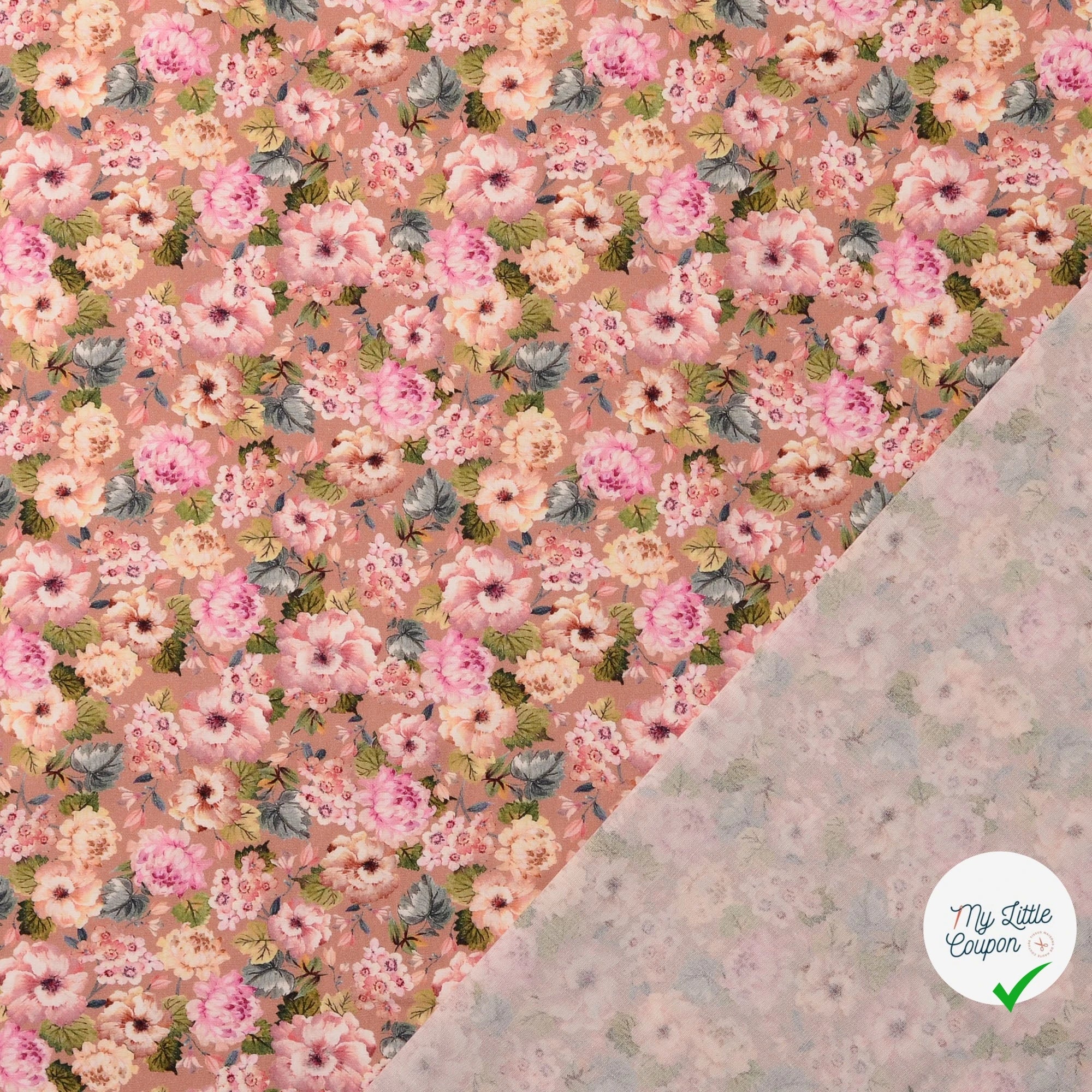 POPELINE DE COTON FLEURS FOND VIEUX ROSE - My Little Coupon