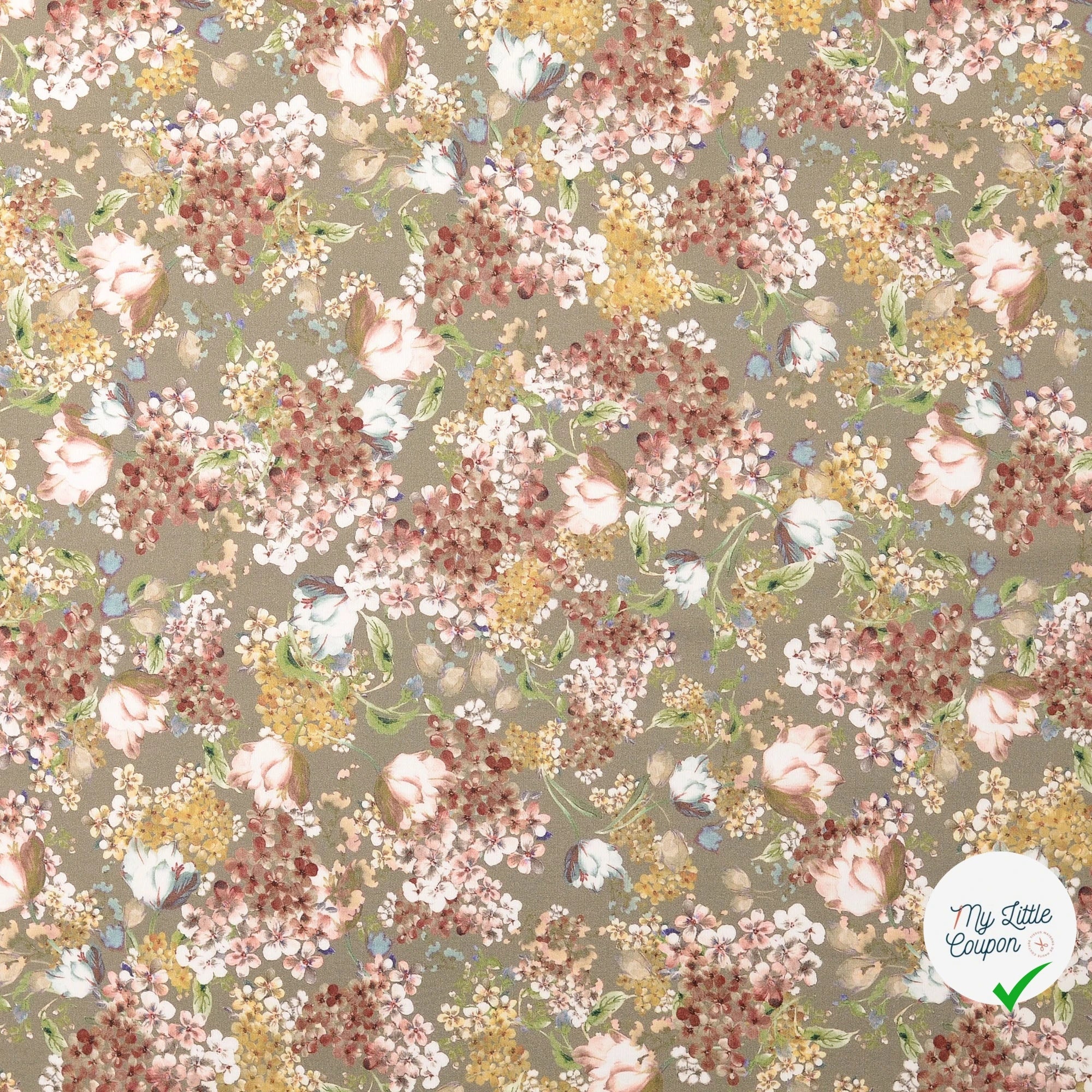 POPELINE DE COTON FLEURS VERT OLIVE - My Little Coupon