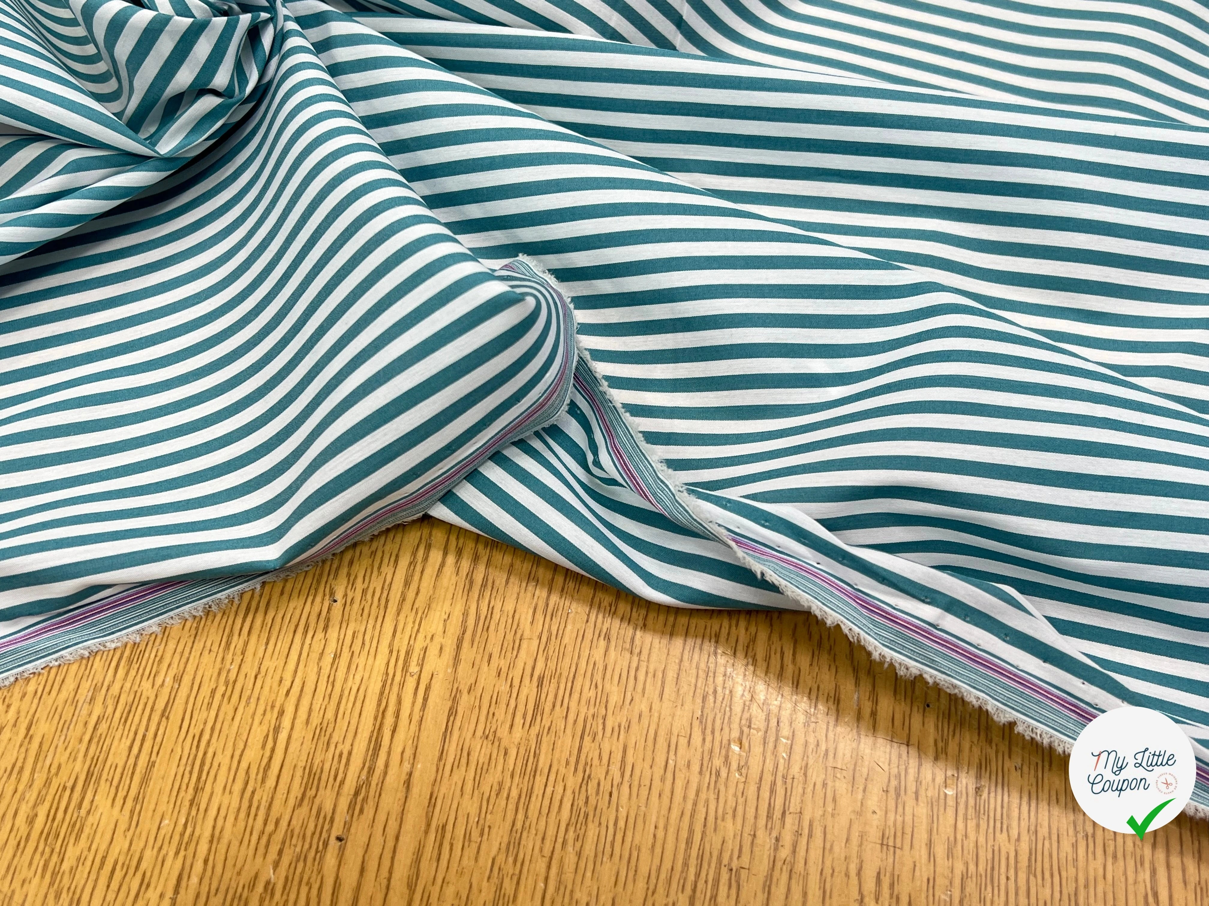 POPELINE DE COTON FLUIDE STRETCH À RAYURES BLEU TEAL - My Little Coupon