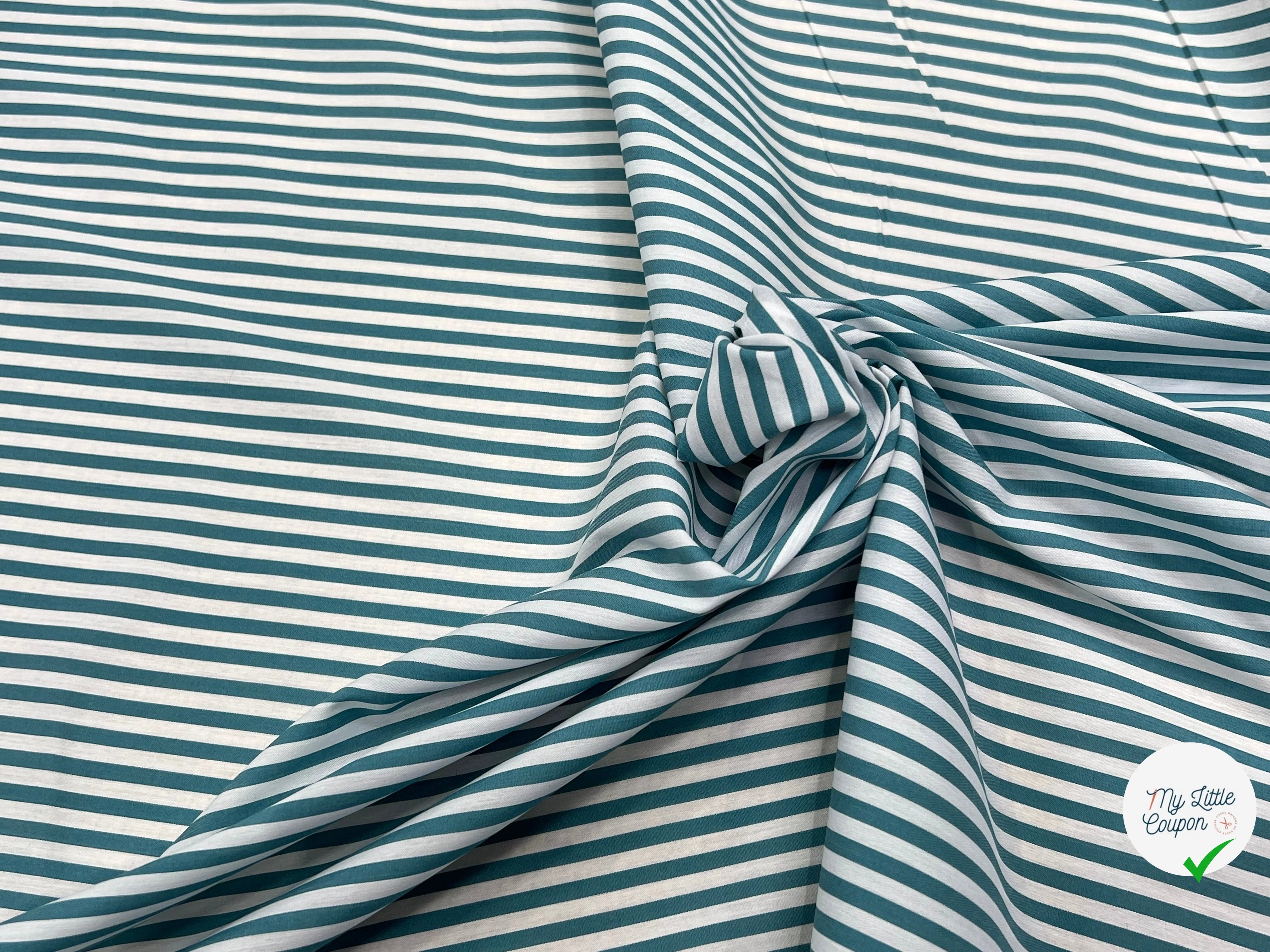 POPELINE DE COTON FLUIDE STRETCH À RAYURES BLEU TEAL - My Little Coupon