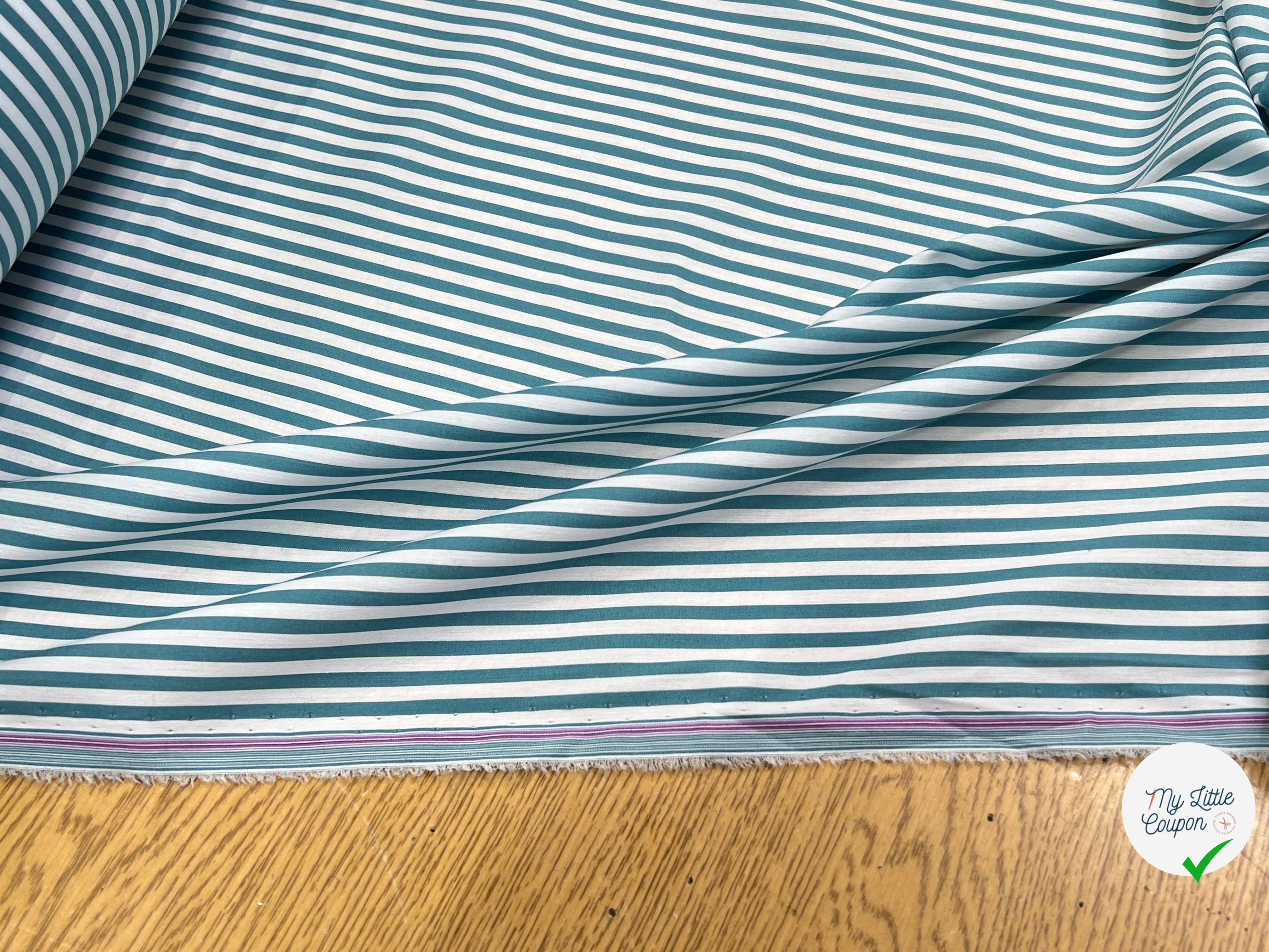 POPELINE DE COTON FLUIDE STRETCH À RAYURES BLEU TEAL - My Little Coupon