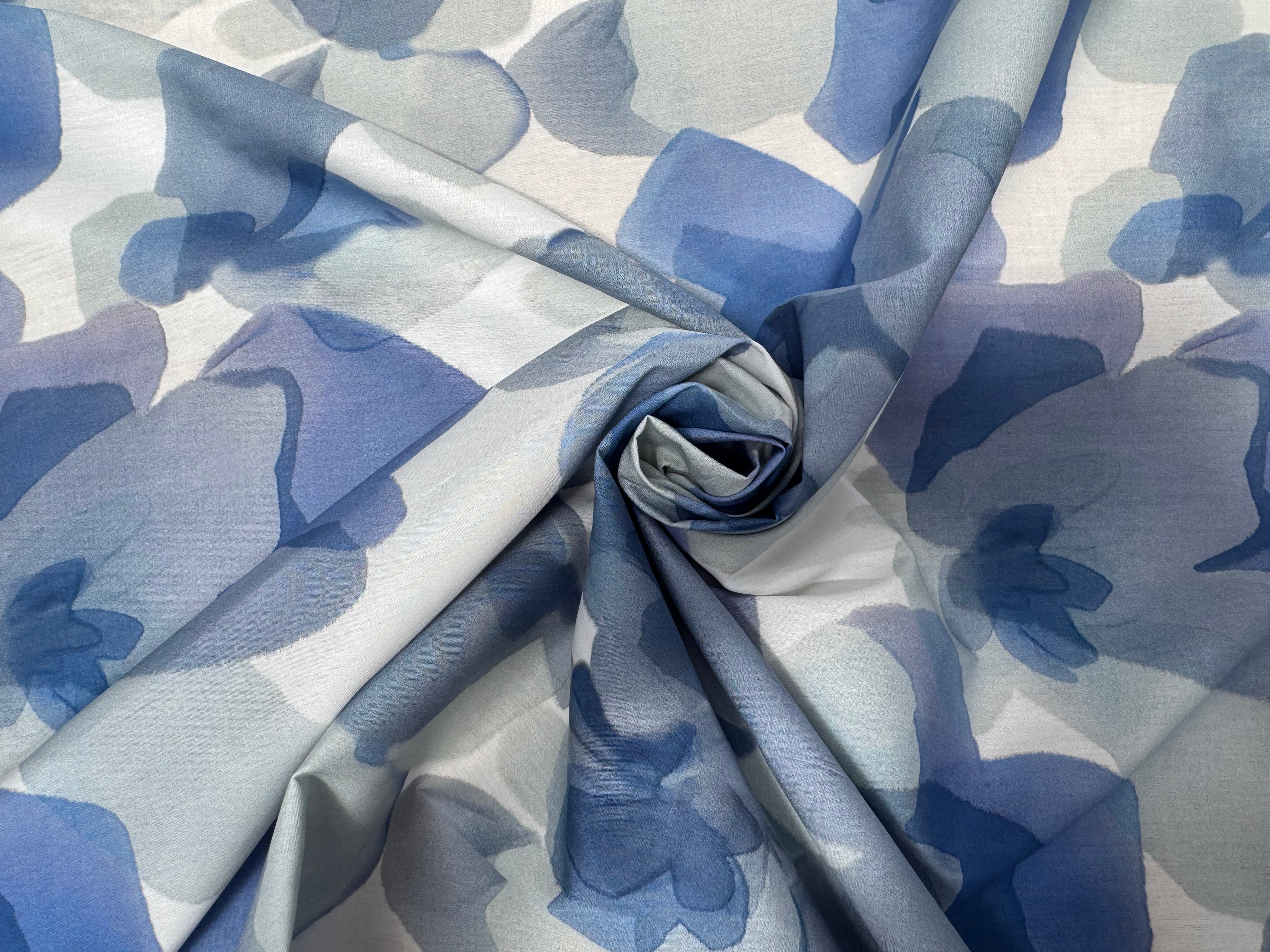POPELINE DE COTON FOND BLANC MOTIFS ABSTRAIT BLEU - My Little Coupon