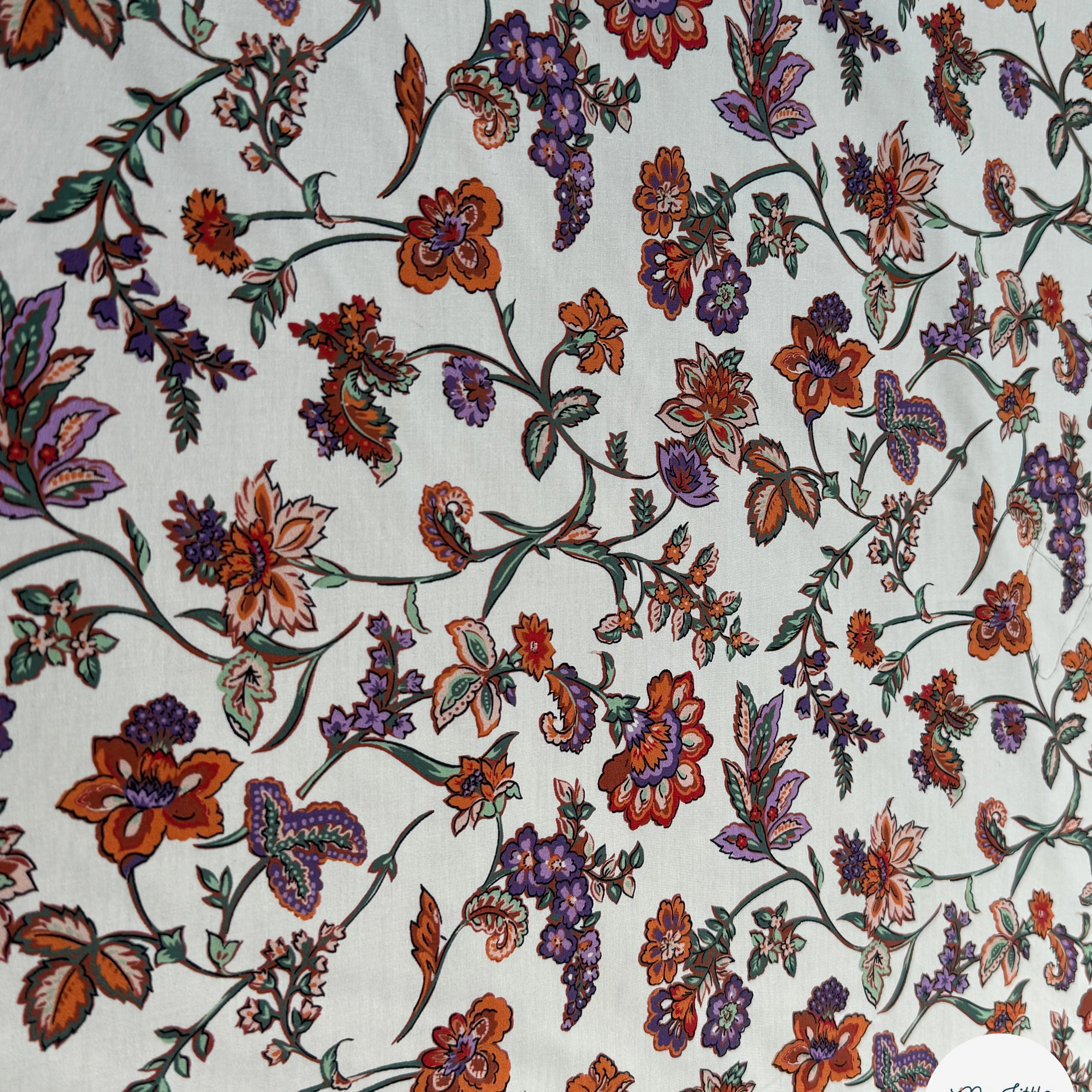 POPELINE DE COTON FOND CASSÉ IMPRIMÉE JOLIES GROSSES FLEURS ORANGE VIOLET - My Little Coupon