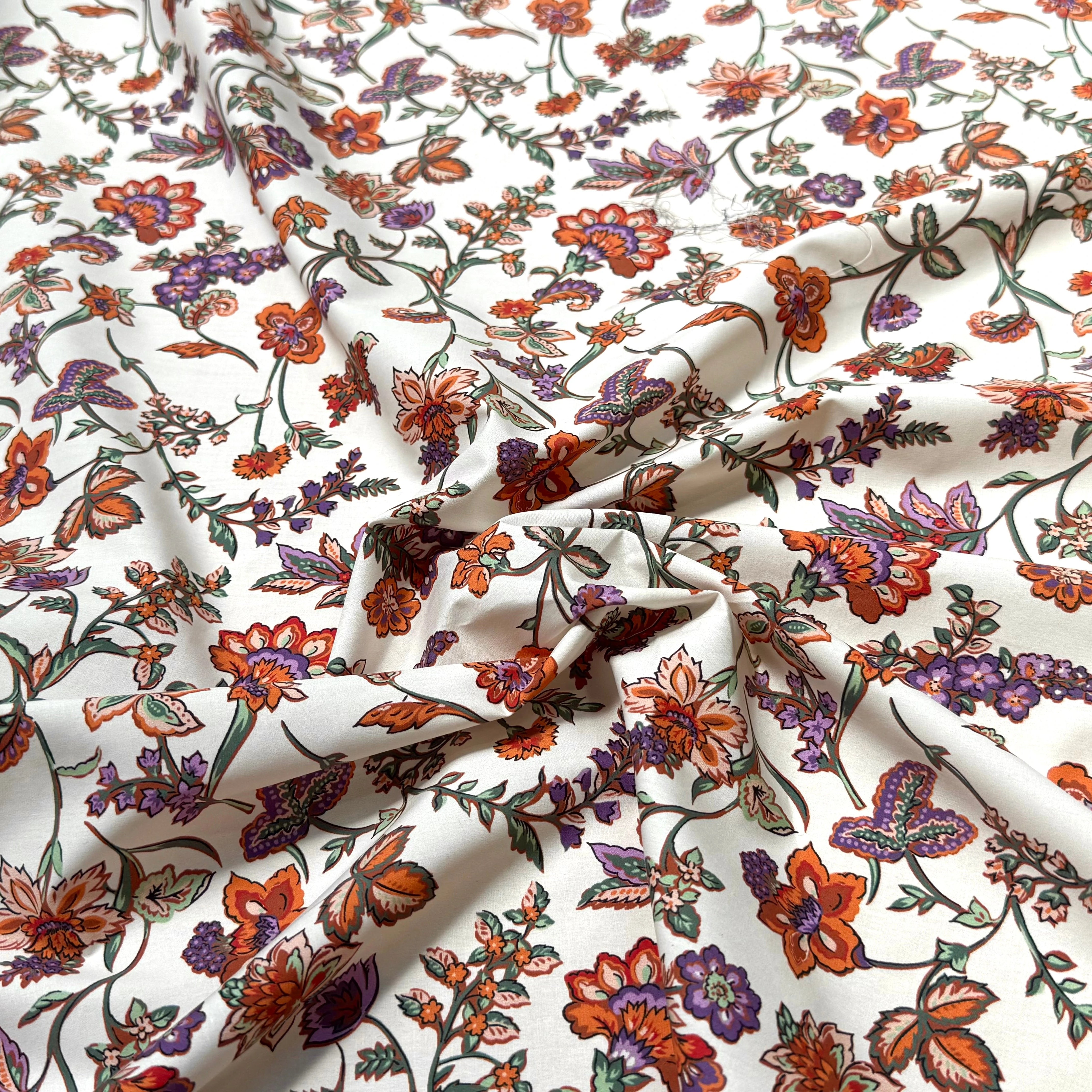 POPELINE DE COTON FOND CASSÉ IMPRIMÉE JOLIES GROSSES FLEURS ORANGE VIOLET - My Little Coupon