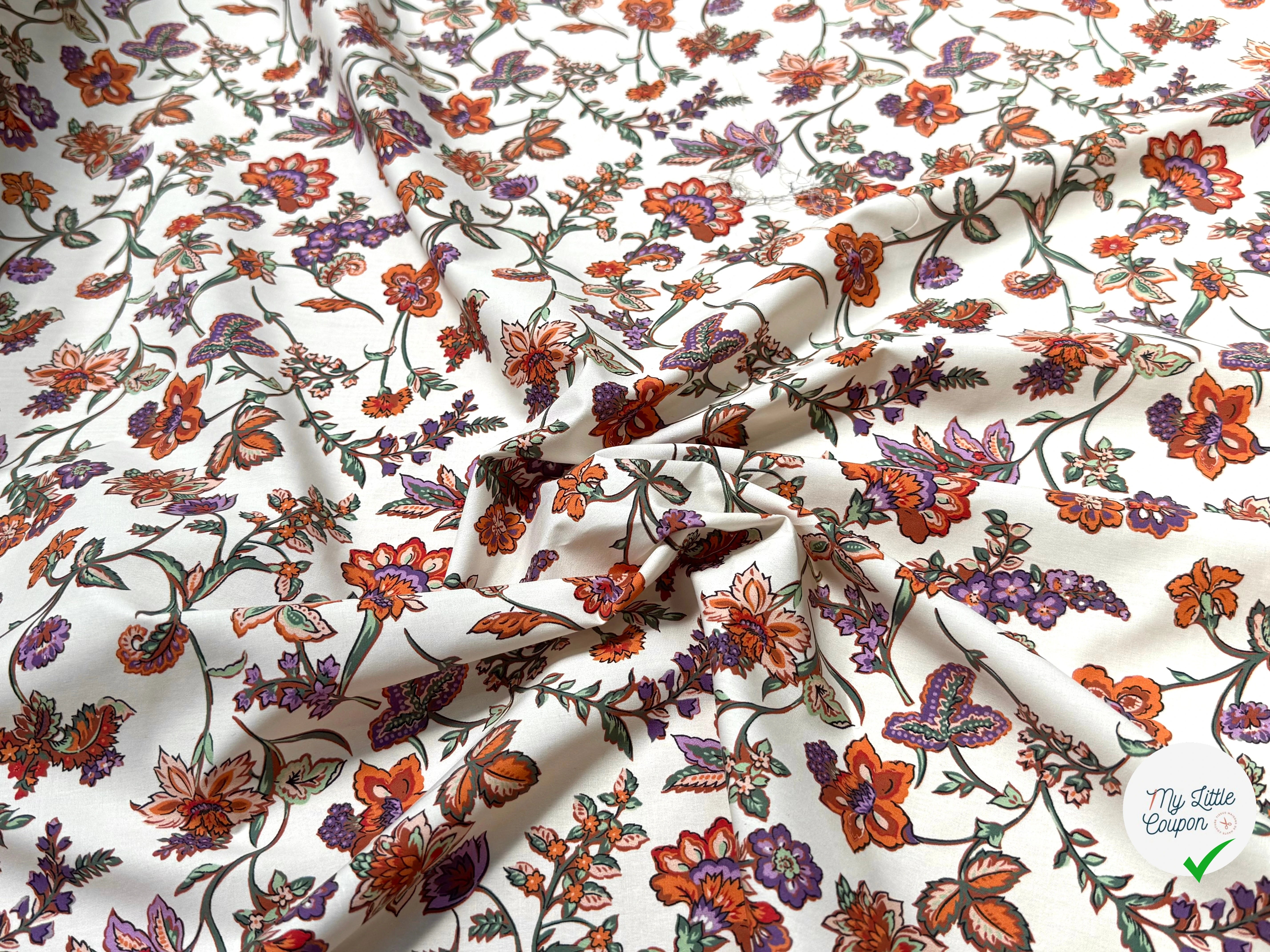 POPELINE DE COTON FOND CASSÉ IMPRIMÉE JOLIES GROSSES FLEURS ORANGE VIOLET - My Little Coupon