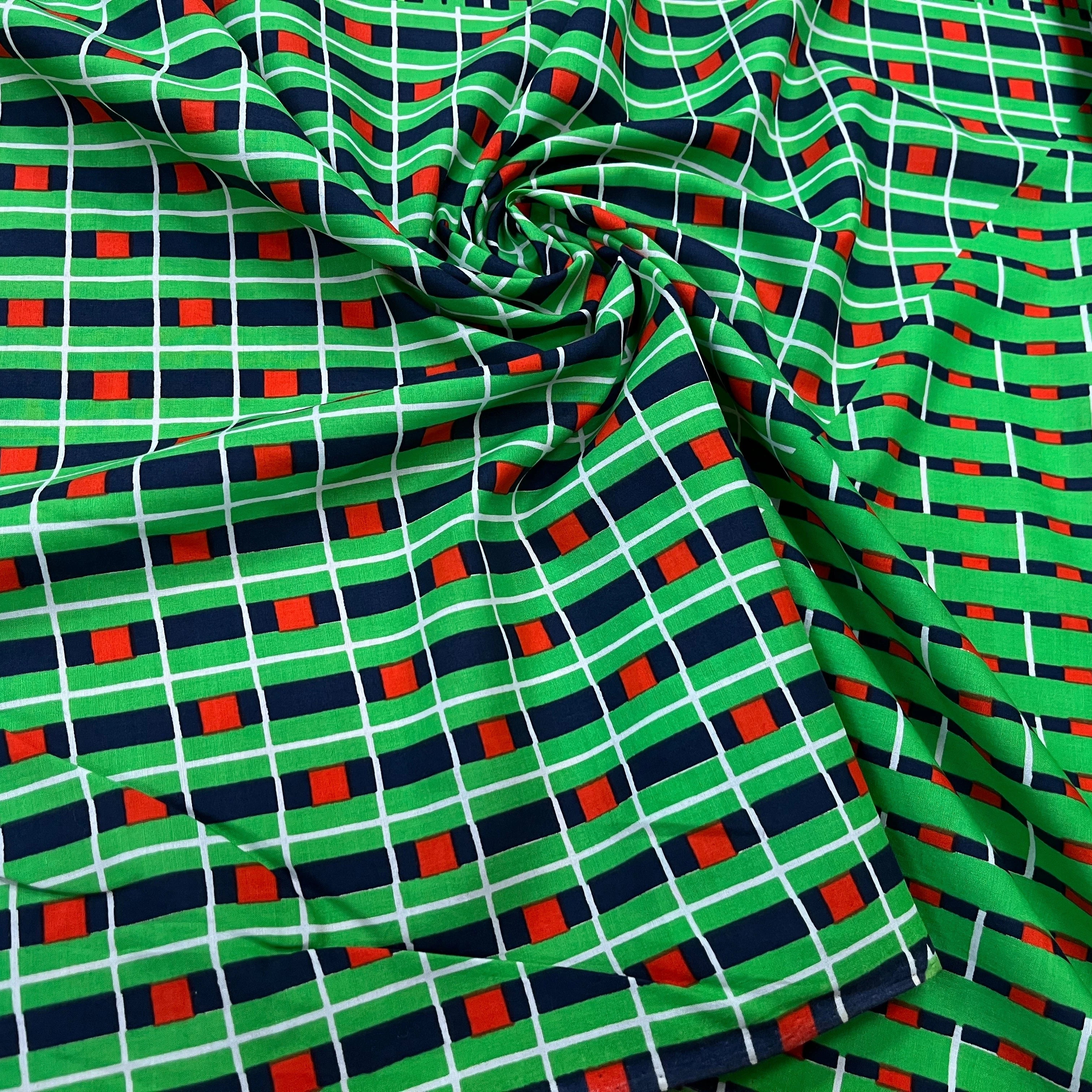 POPELINE DE COTON FOND VERT MOTIF À CARREAUX MARINE ROUGE - My Little Coupon