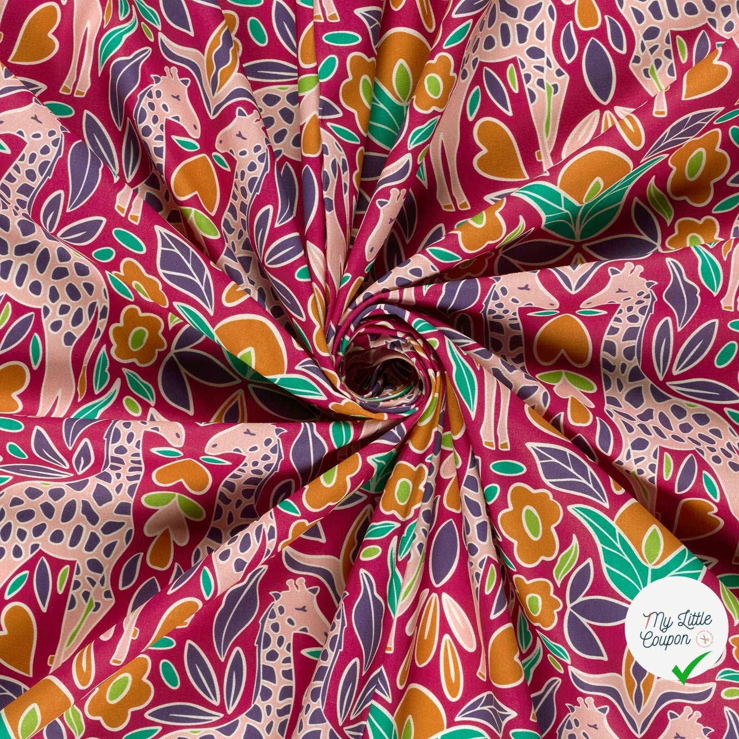 POPELINE DE COTON IMPRIMÉ GIRAFES ROSE - My Little Coupon