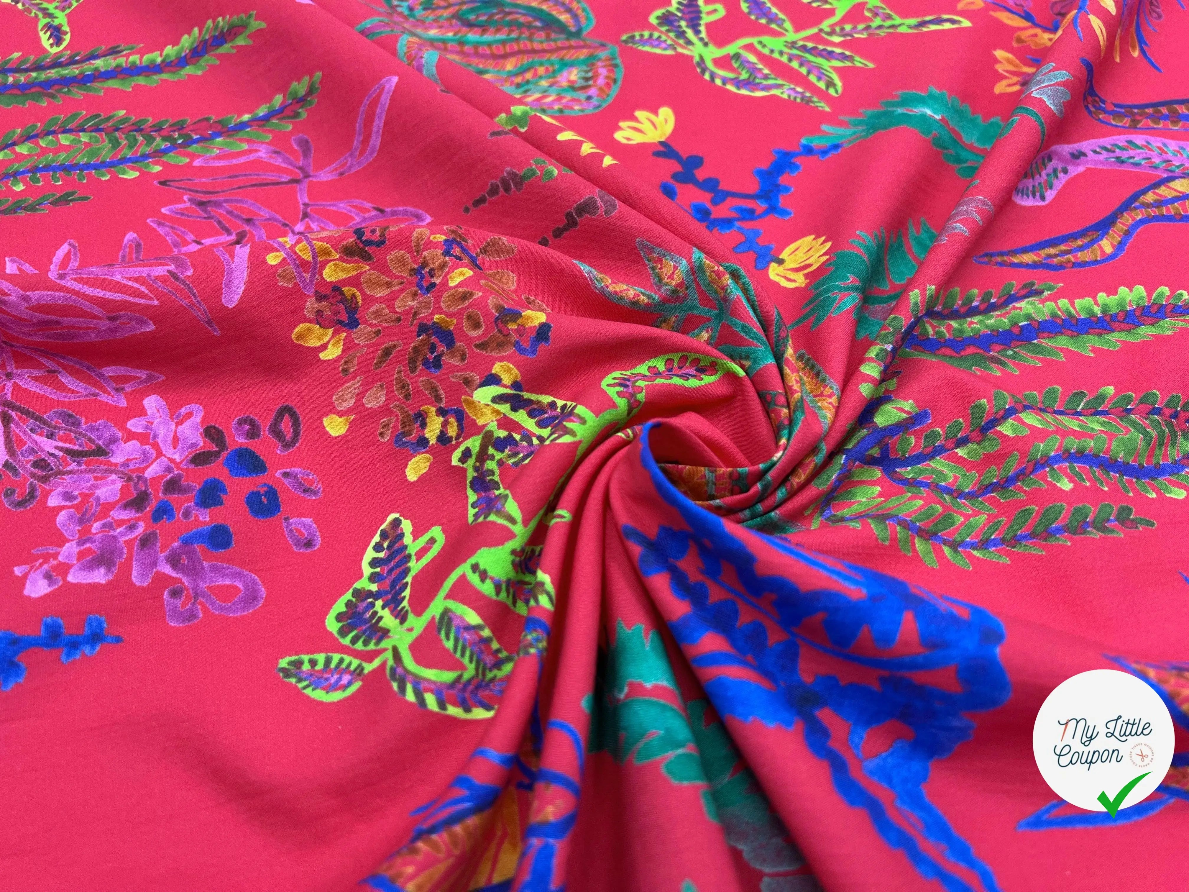POPELINE DE COTON IMPRIMÉE EDEN COLORÉ FOND ROUGE FUCHSIA - My Little Coupon - tissu - coudre