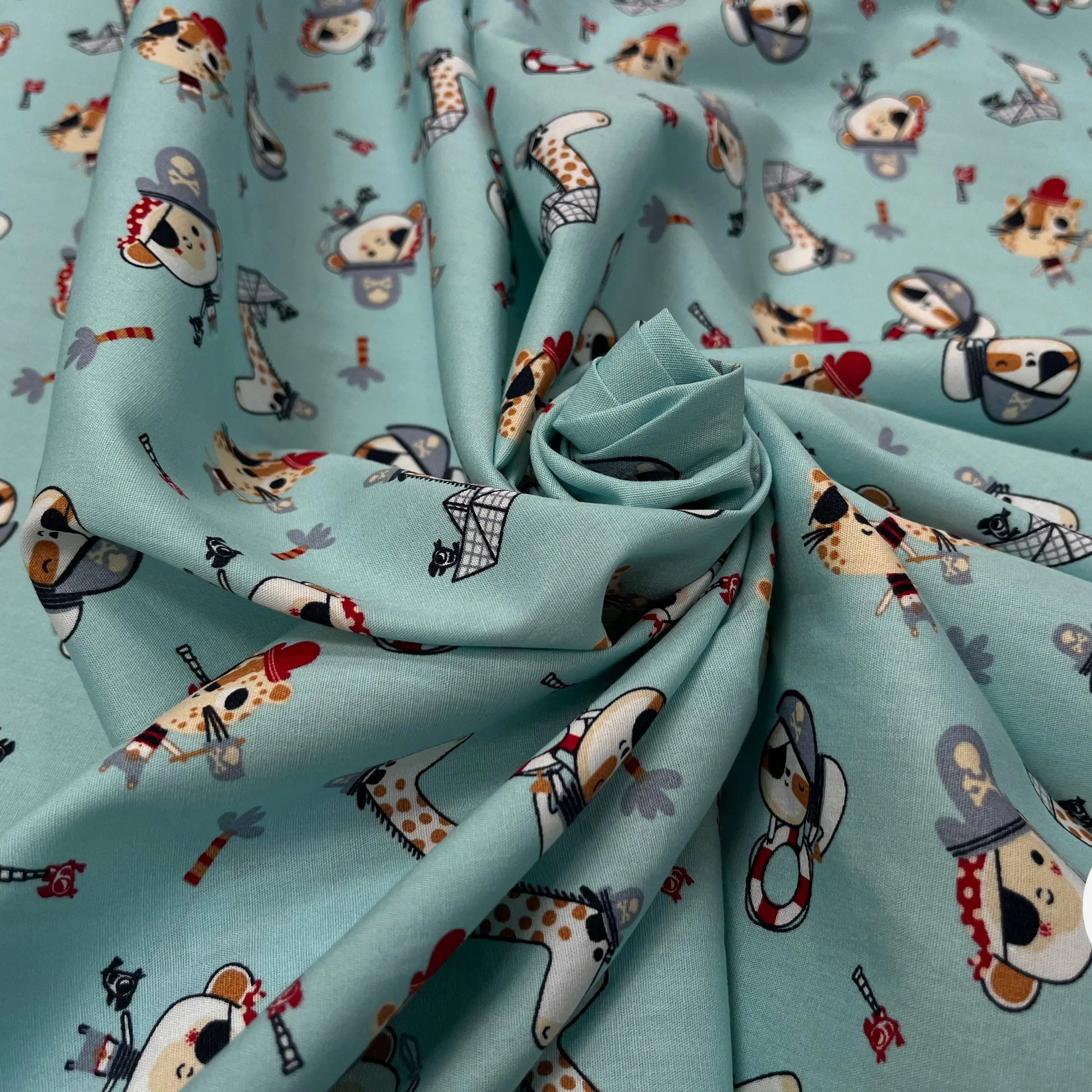 POPELINE DE COTON IMPRIMÉE LITTLE ONES PIRATES KID BLEU CIEL - My Little Coupon