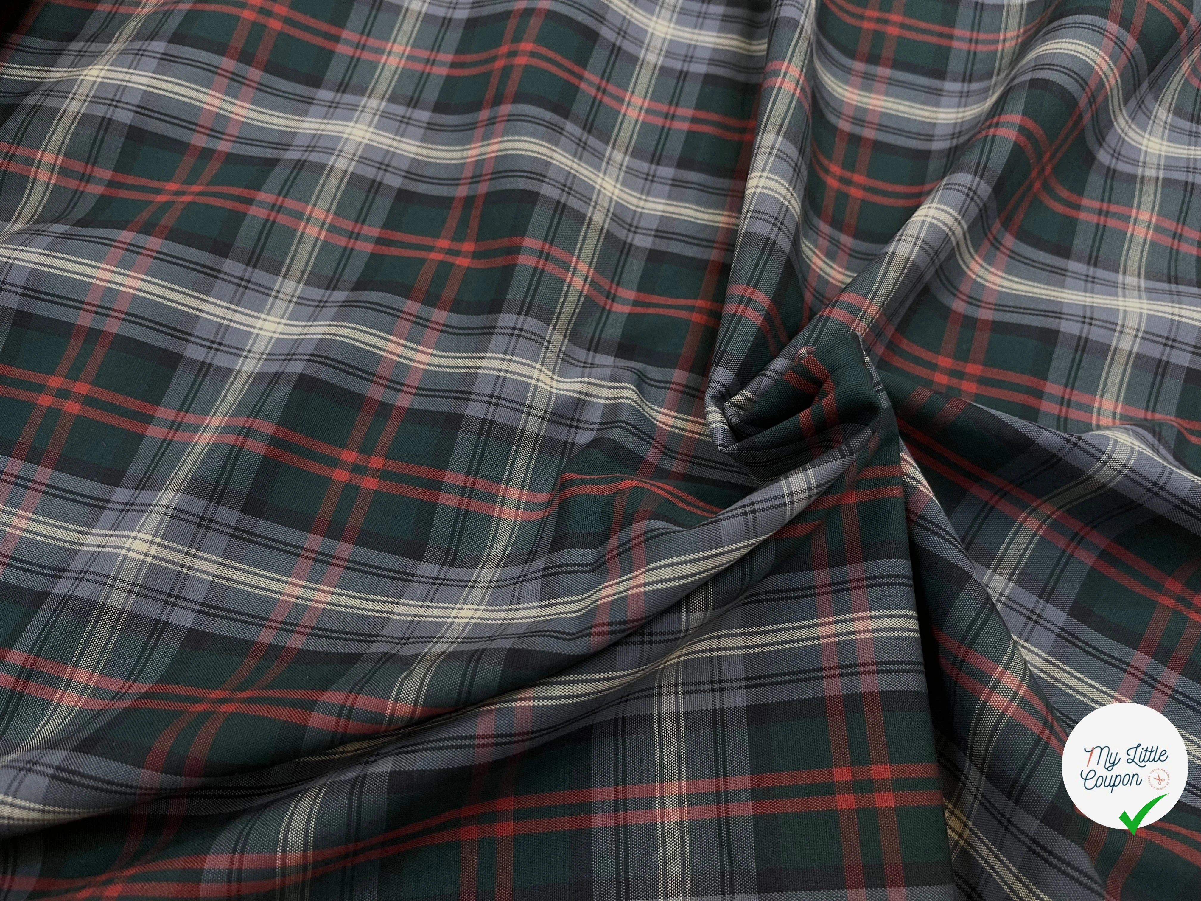 POPELINE DE COTON MOTIF PRINCE DE GALLES VERT, GRIS ET ROUGE 145CM - My Little Coupon