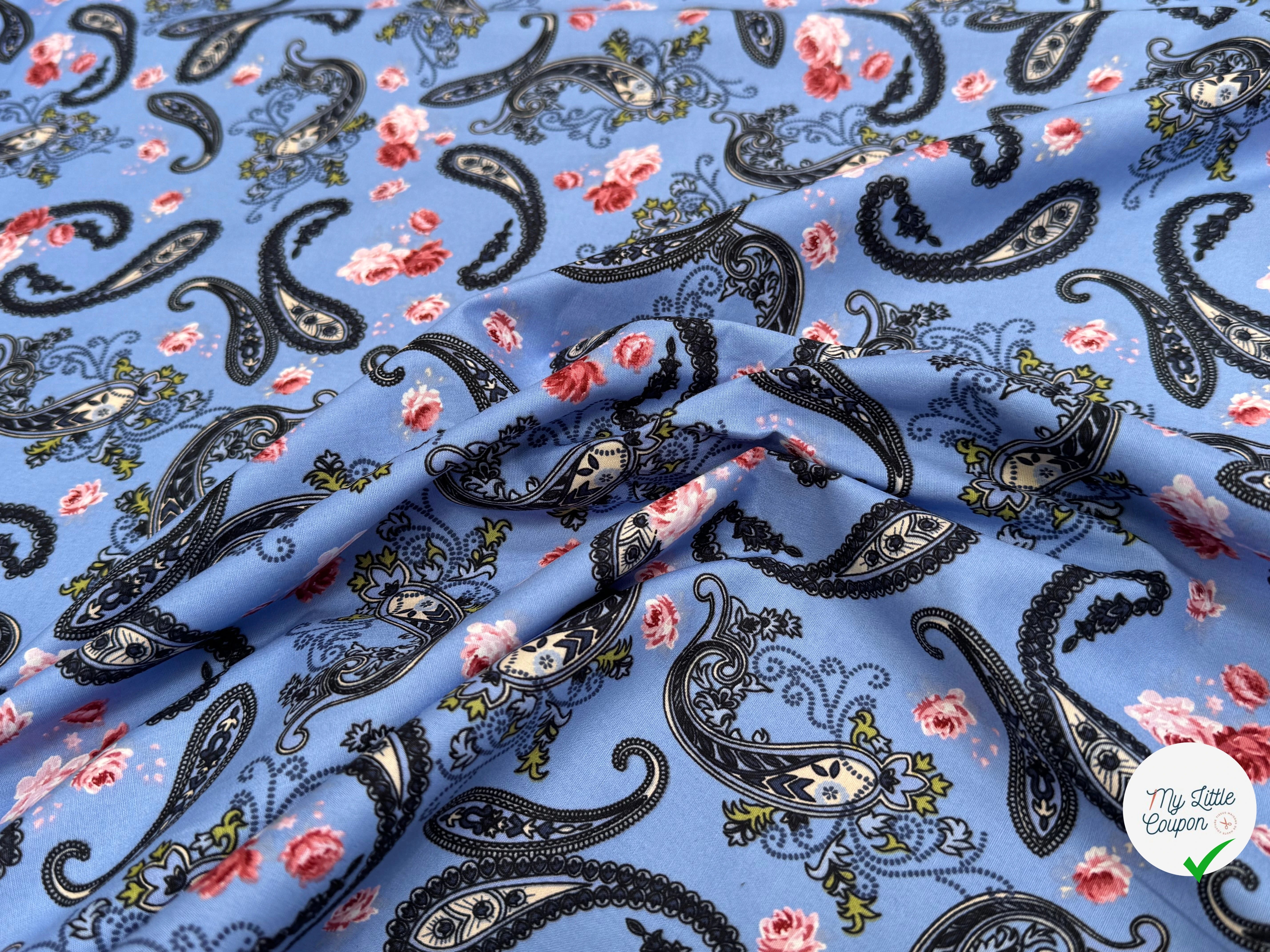 POPELINE DE COTON PAISLEY BLEU - My Little Coupon