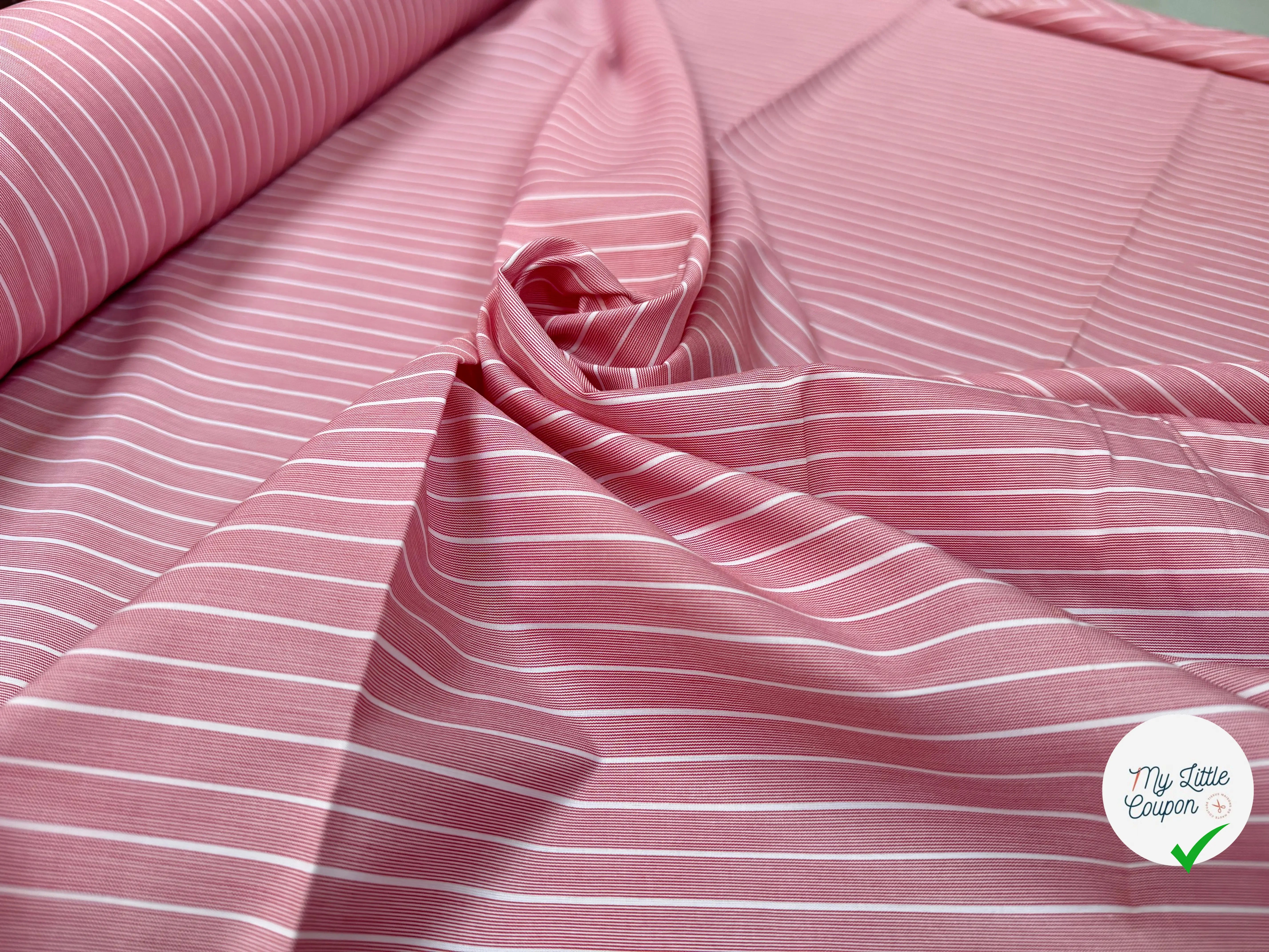 POPELINE DE COTON ROSE À RAYURES BLANCHES - My Little Coupon