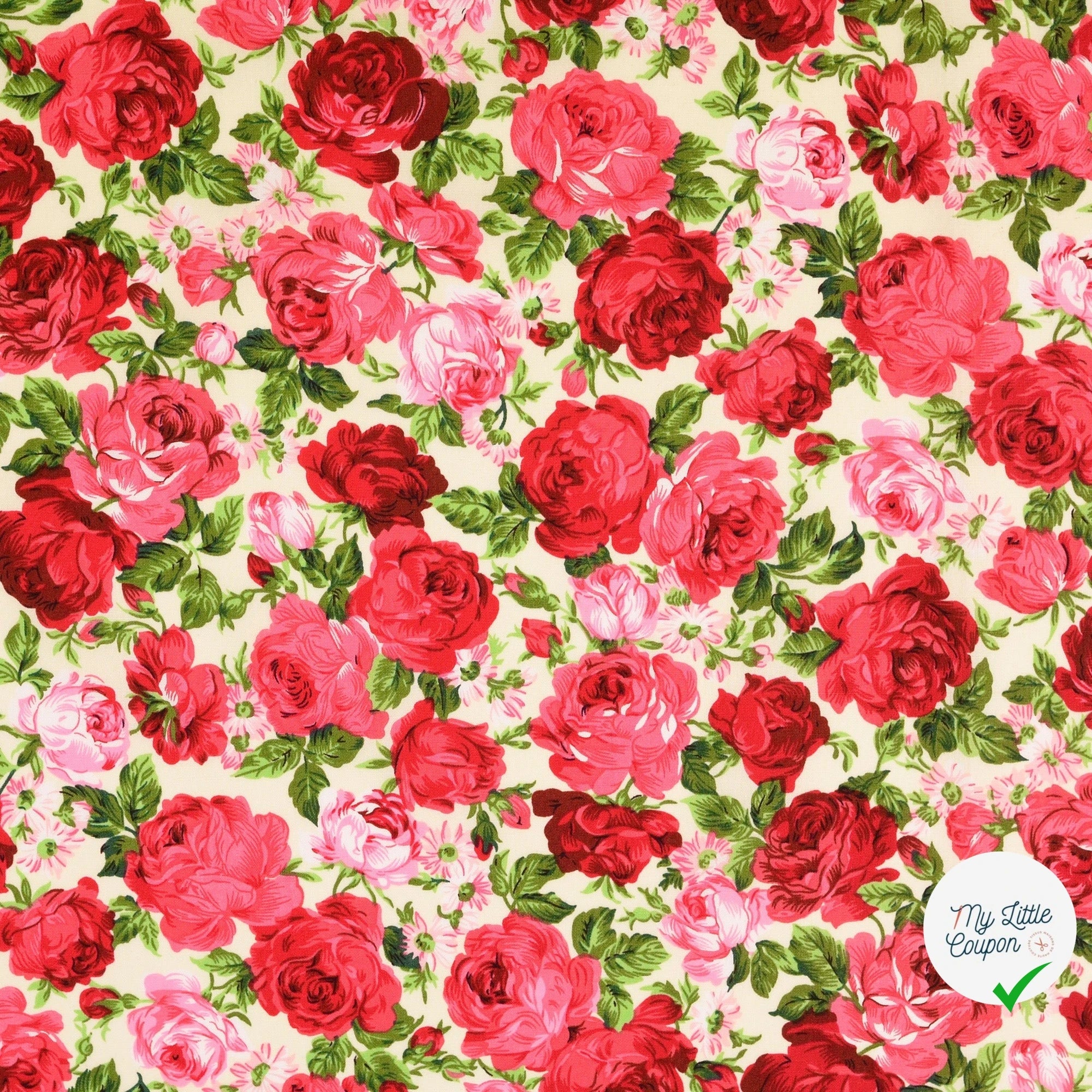POPELINE DE COTON ROSES BLANC - My Little Coupon