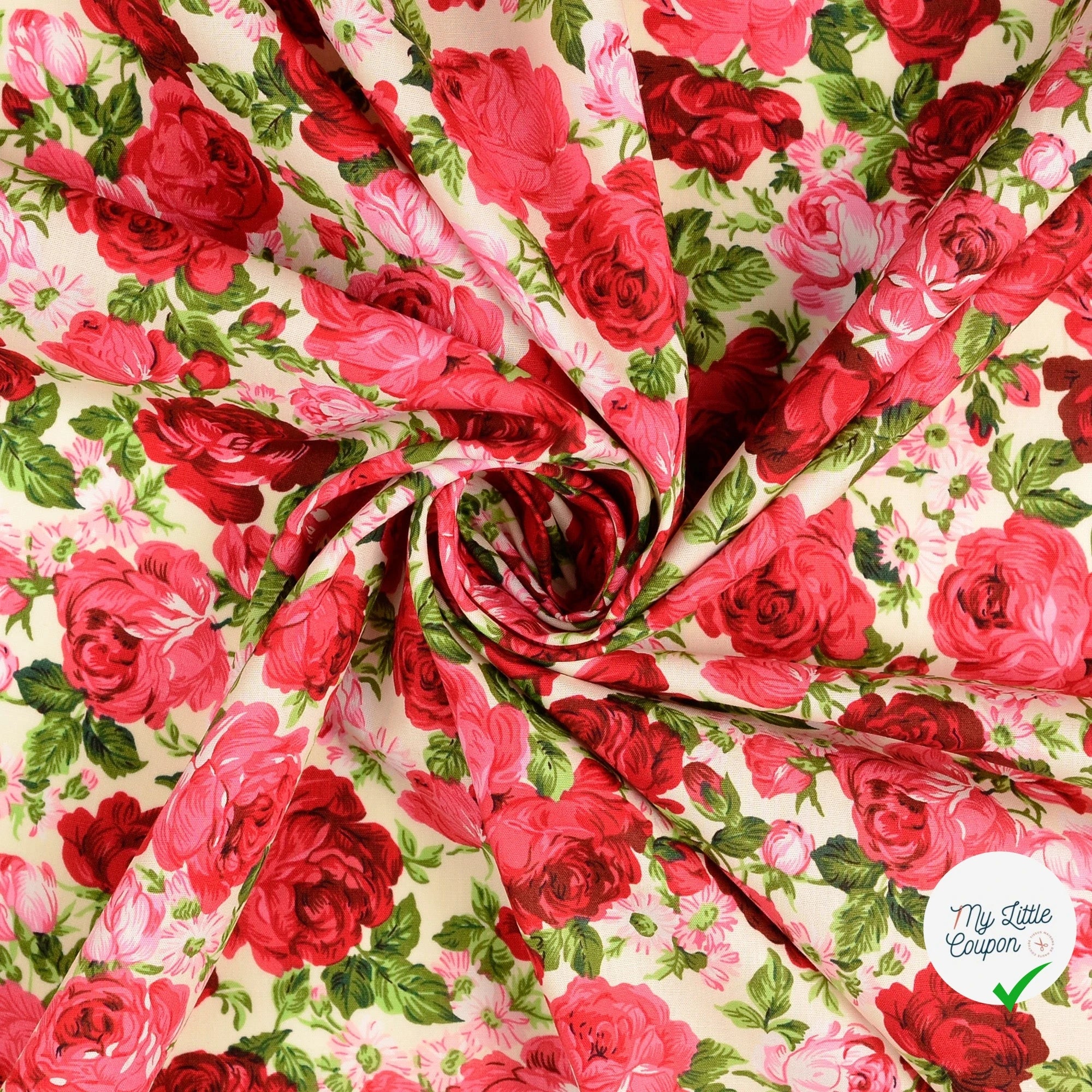 POPELINE DE COTON ROSES BLANC - My Little Coupon
