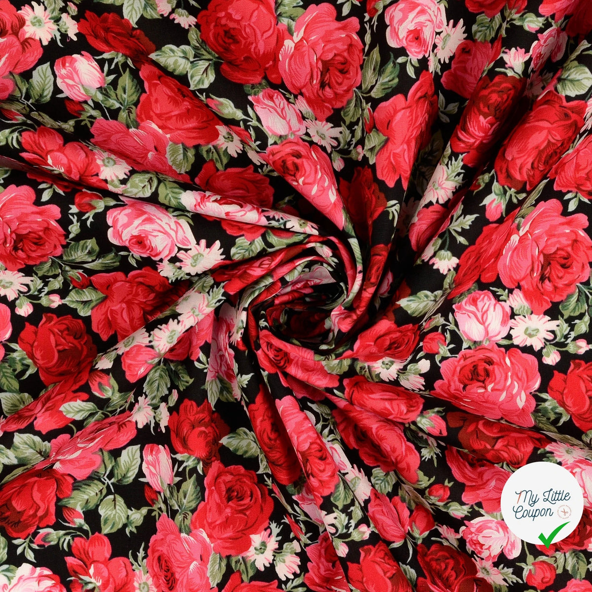 Popeline de coton roses noir