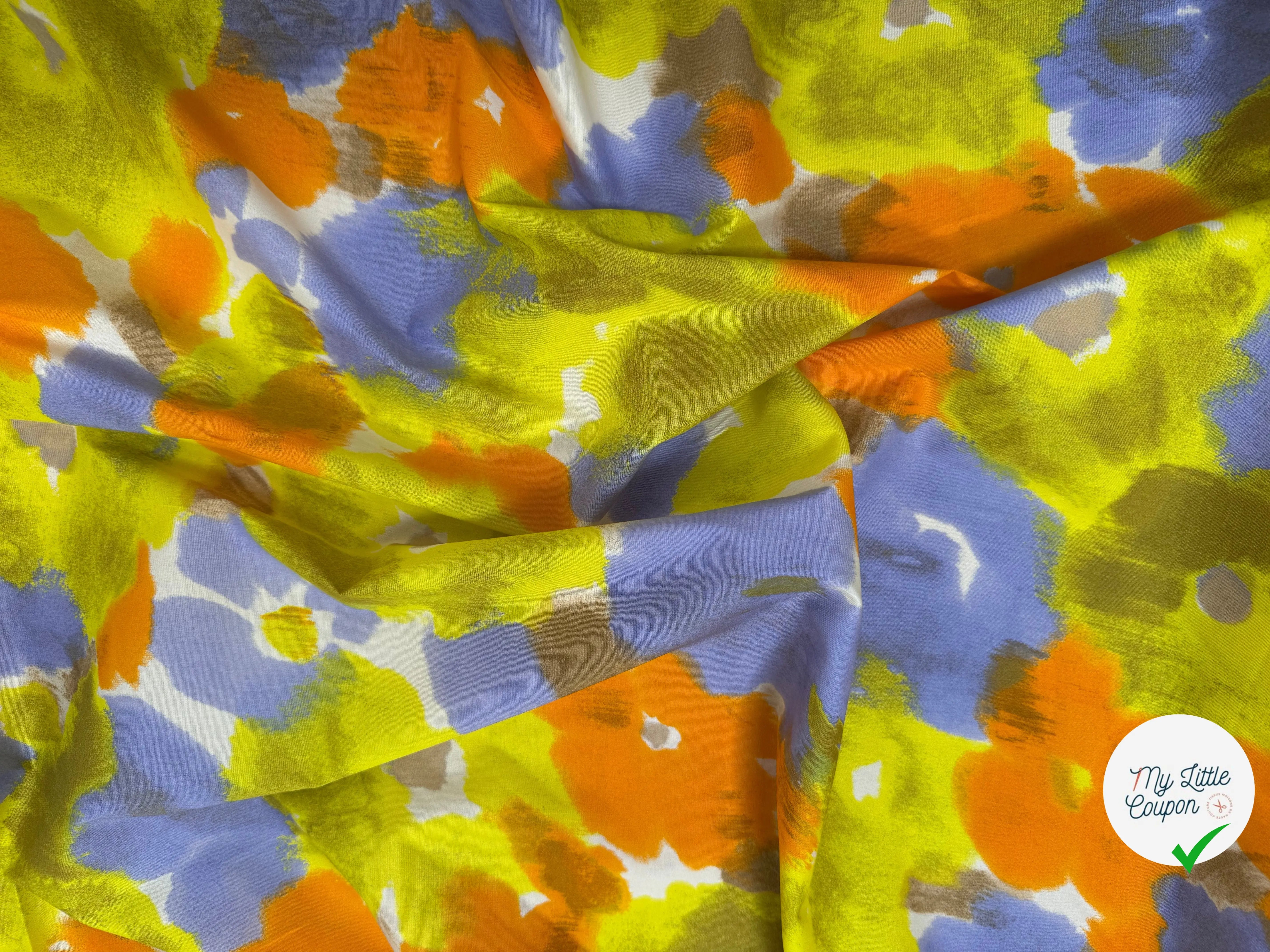POPELINE DE COTON STRECH FOND BLANC MOTIFS FLEURS JAUNE ORANGE VIOLET - My Little Coupon
