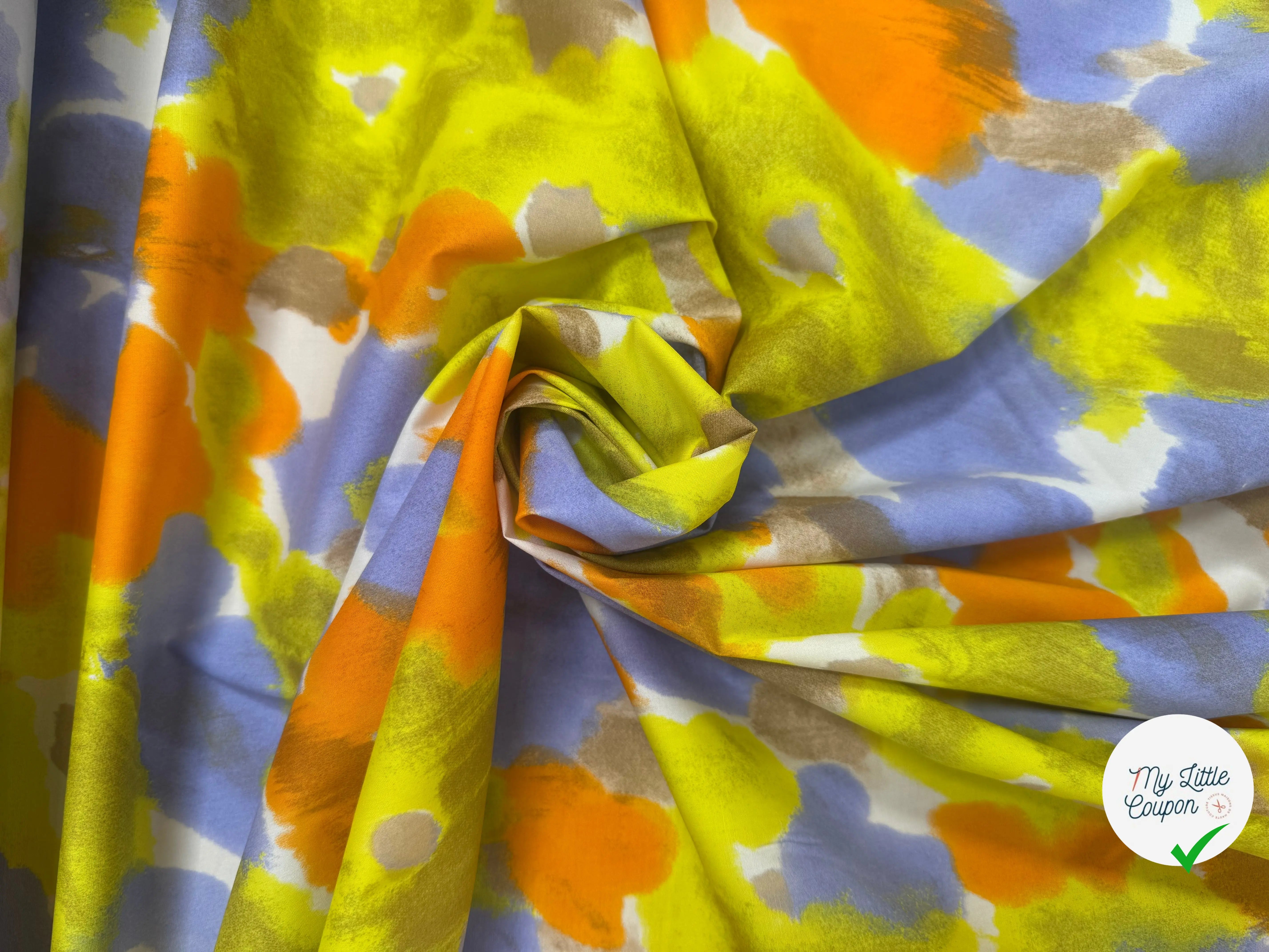 POPELINE DE COTON STRECH FOND BLANC MOTIFS FLEURS JAUNE ORANGE VIOLET - My Little Coupon