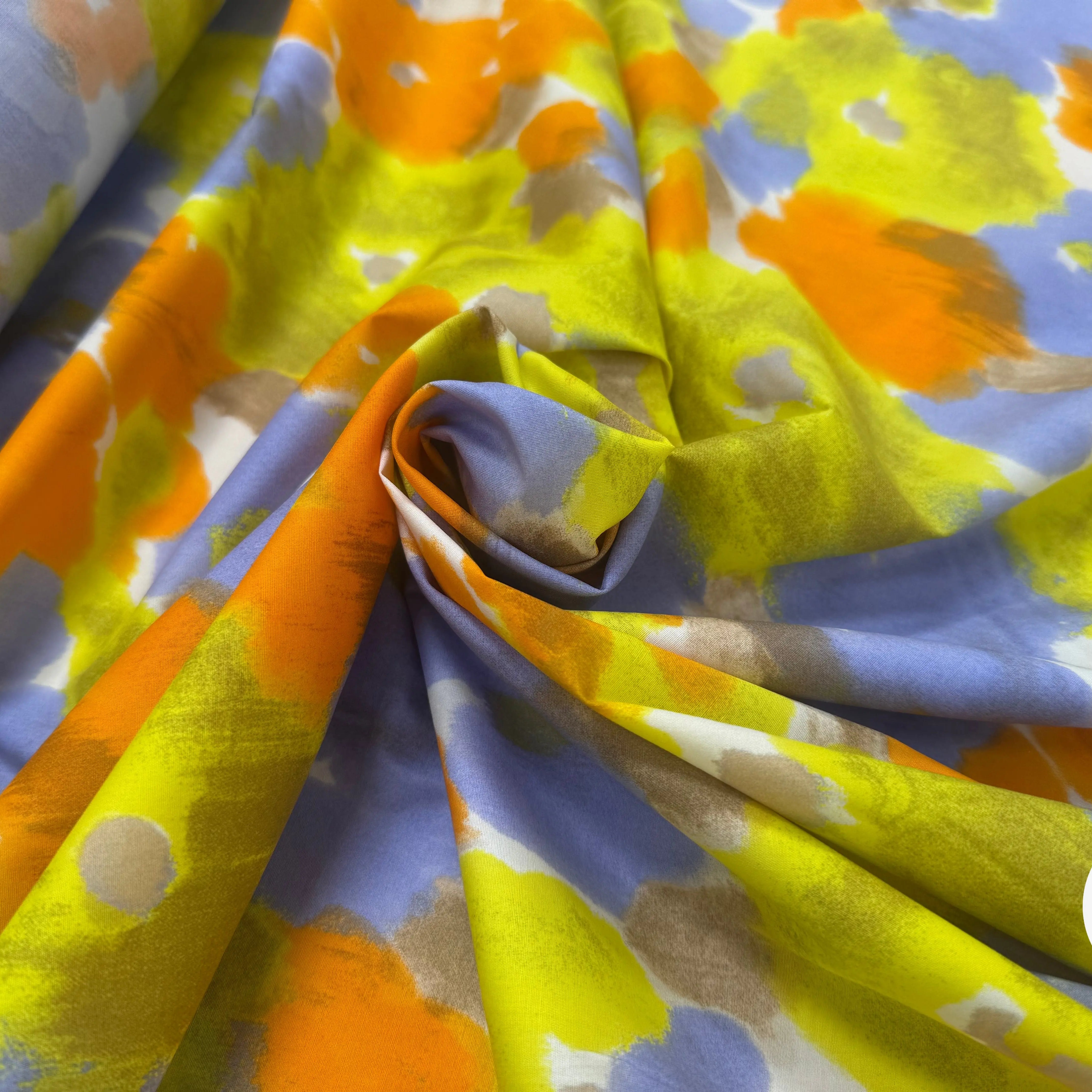 POPELINE DE COTON STRECH FOND BLANC MOTIFS FLEURS JAUNE ORANGE VIOLET - My Little Coupon