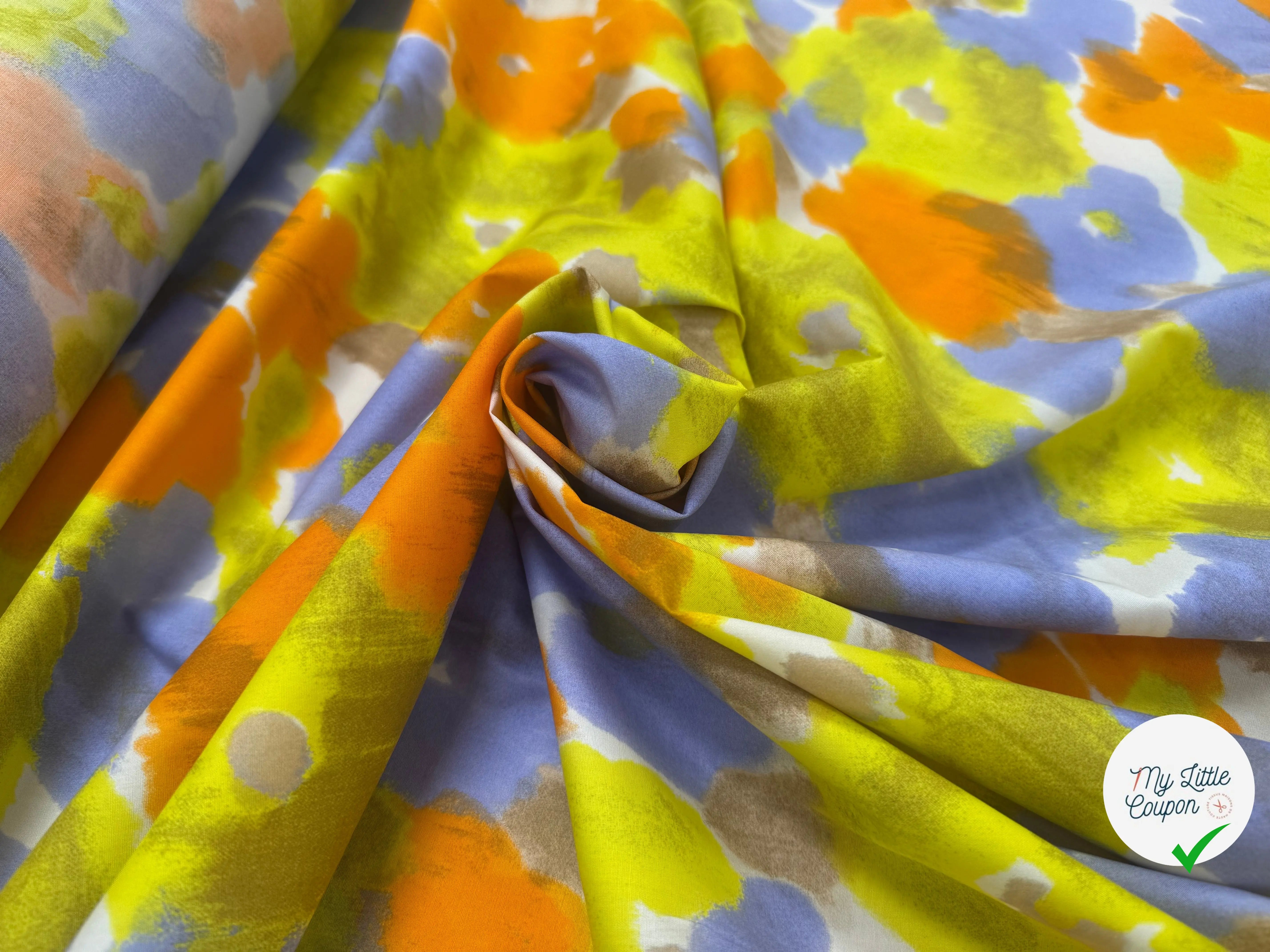 POPELINE DE COTON STRECH FOND BLANC MOTIFS FLEURS JAUNE ORANGE VIOLET - My Little Coupon
