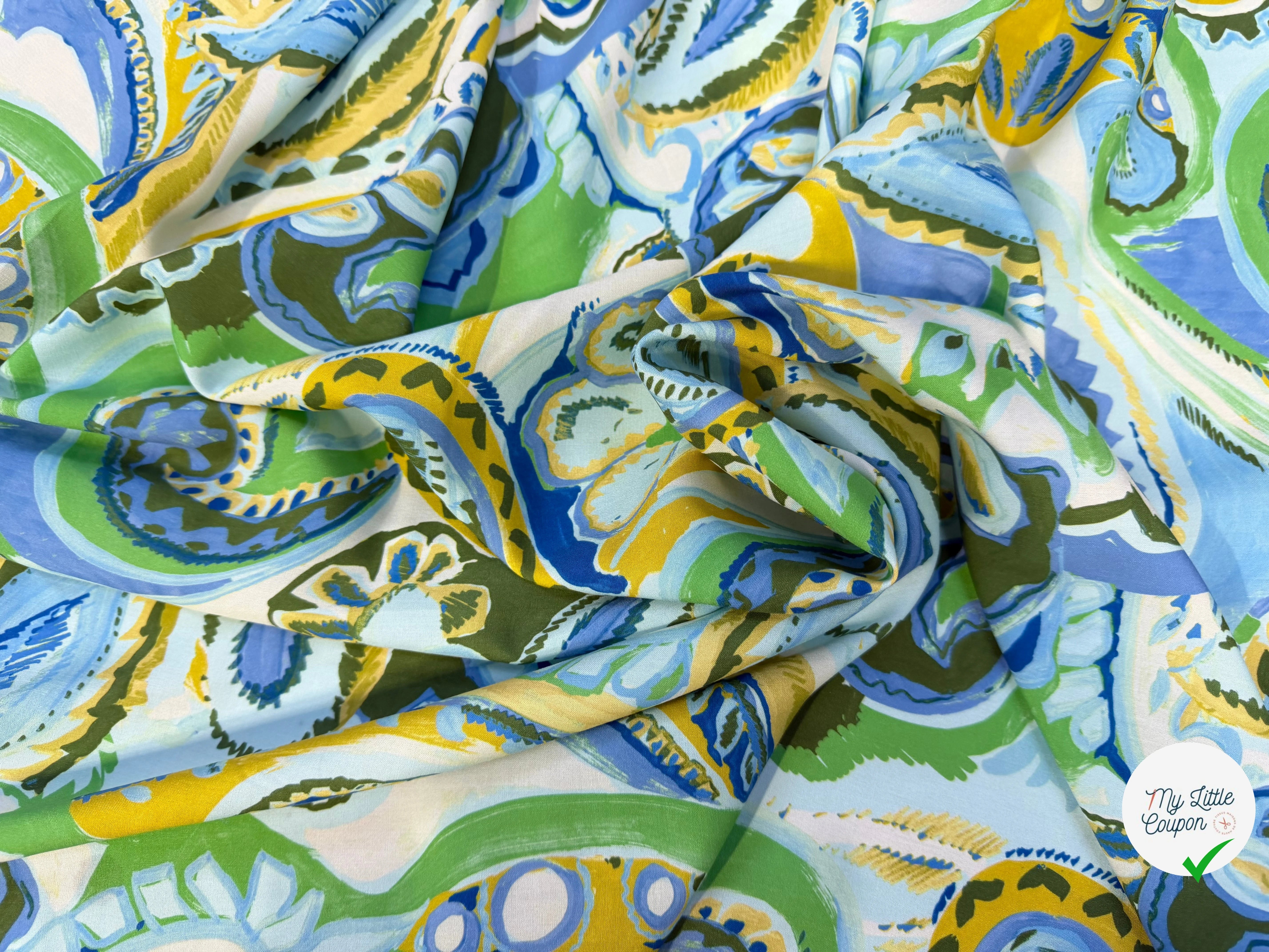 POPELINE DE VISCOSE 100%CV PAISLEY IMPRIMÉ NUMÉRIQUE VERT OLIVE - My Little Coupon