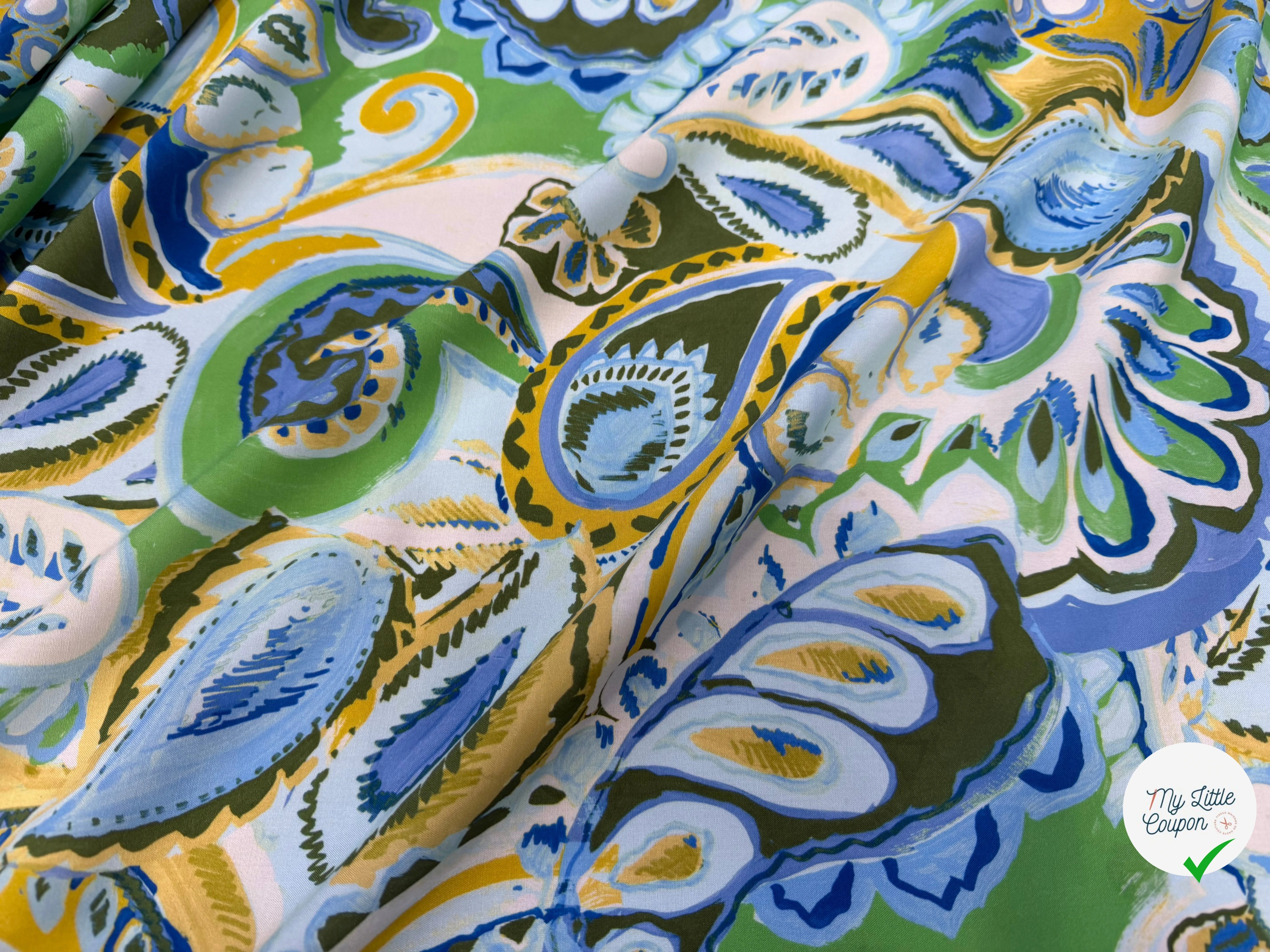 POPELINE DE VISCOSE 100%CV PAISLEY IMPRIMÉ NUMÉRIQUE VERT OLIVE - My Little Coupon