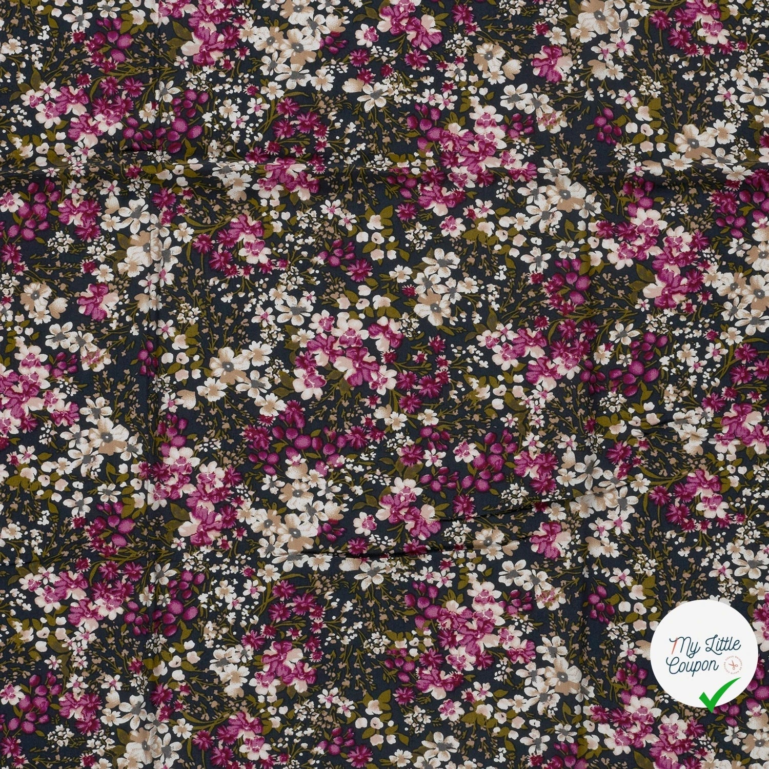 POPELINE DE VISCOSE FLEURS BLEU MARINE - My Little Coupon