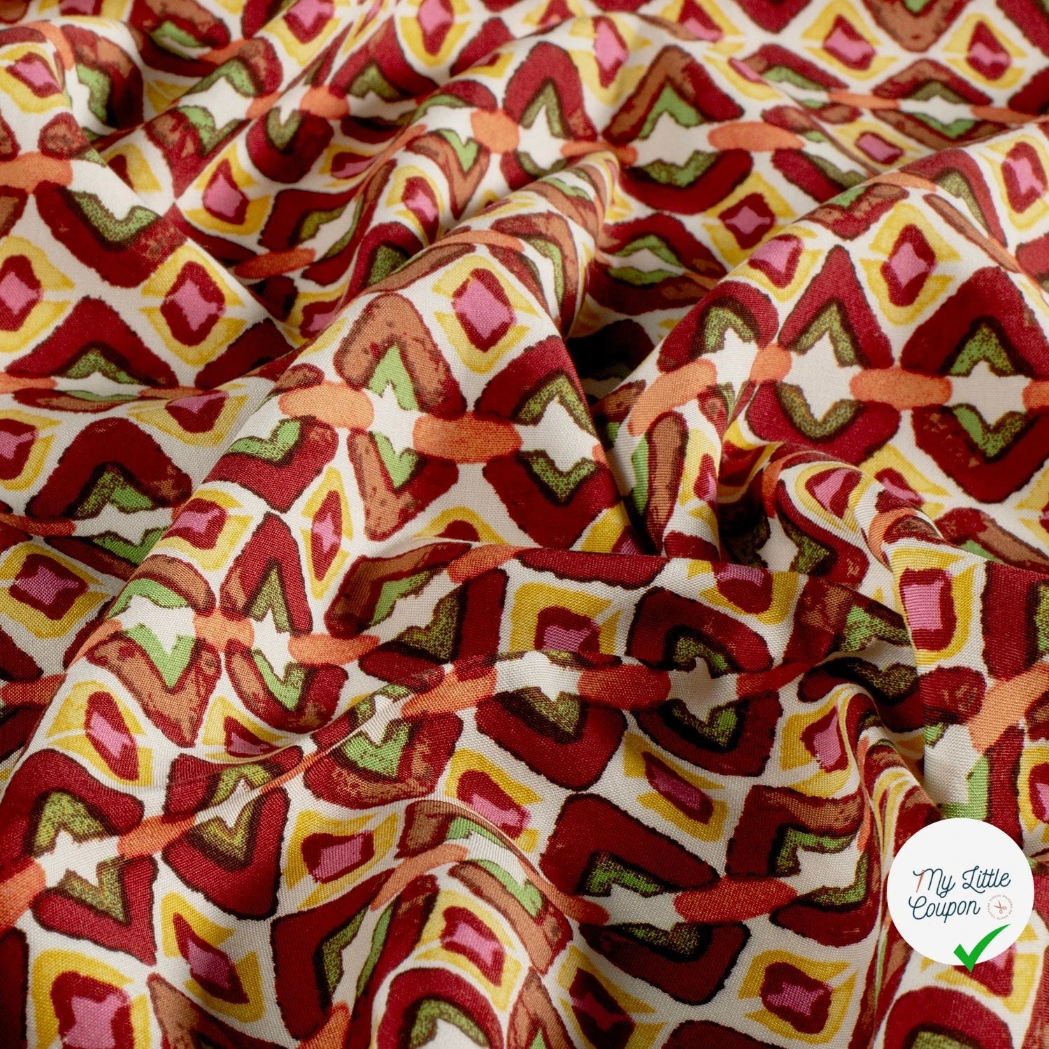 POPELINE DE VISCOSE IMPRIMÉ ABSTRAIT ROUGE BORDEAUX - My Little Coupon