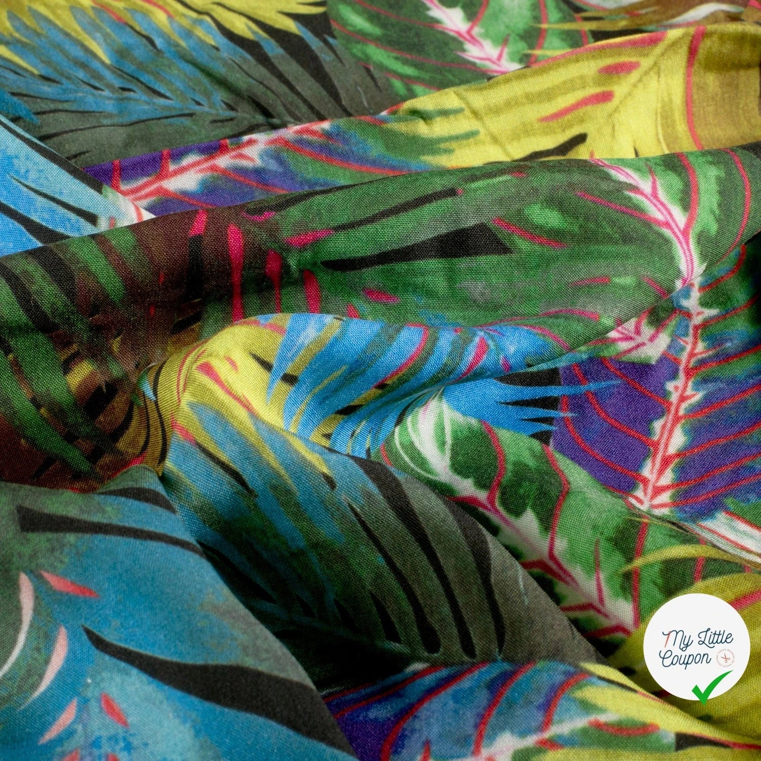 POPELINE DE VISCOSE IMPRIMÉ FEUILLES BLEU CANARD - My Little Coupon