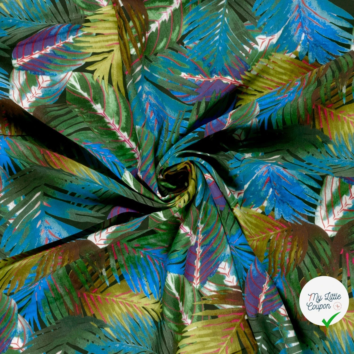POPELINE DE VISCOSE IMPRIMÉ FEUILLES BLEU CANARD - My Little Coupon