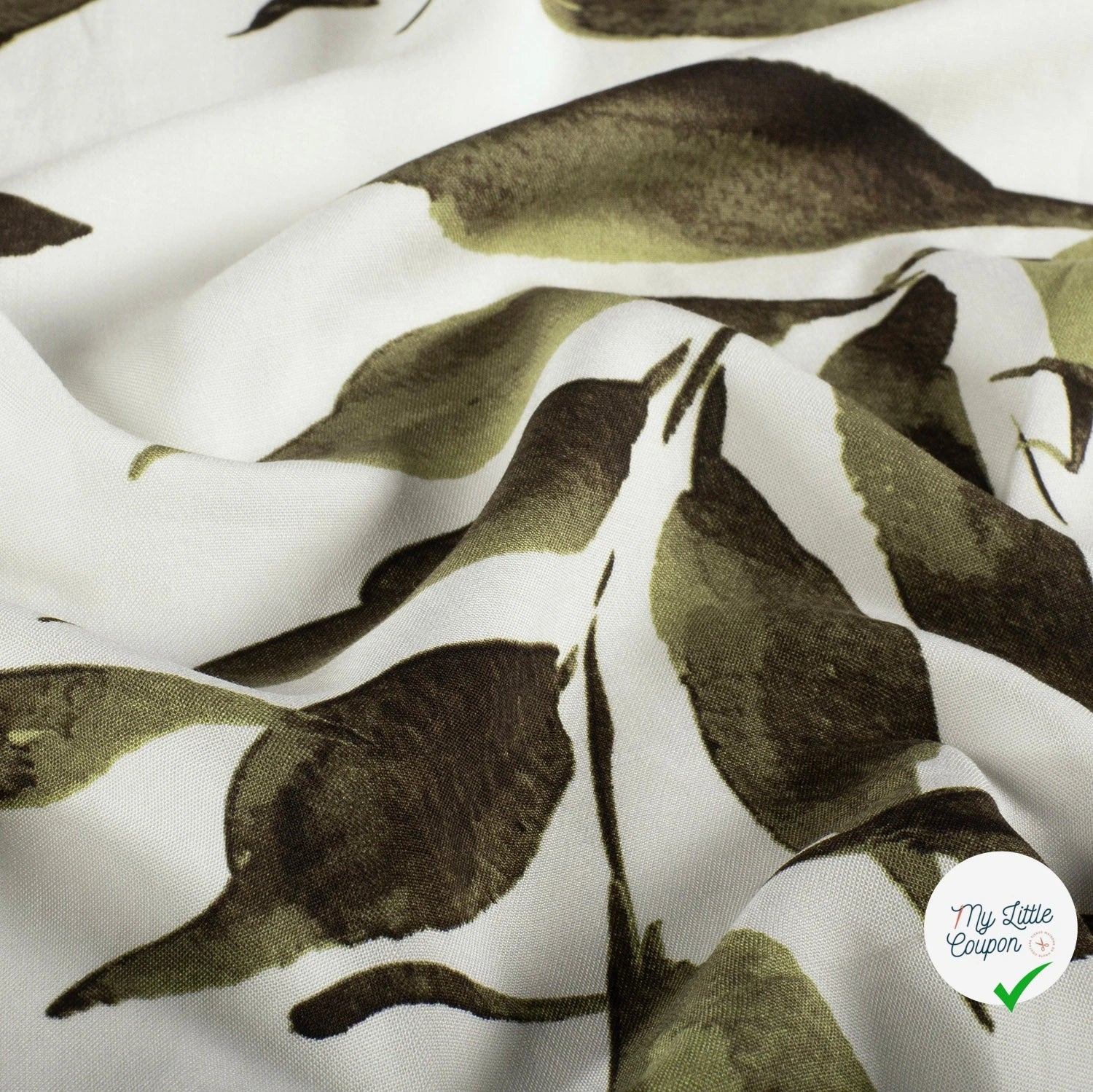 POPELINE DE VISCOSE TISSU IMPRIMÉ FEUILLES VERT KAKI - My Little Coupon