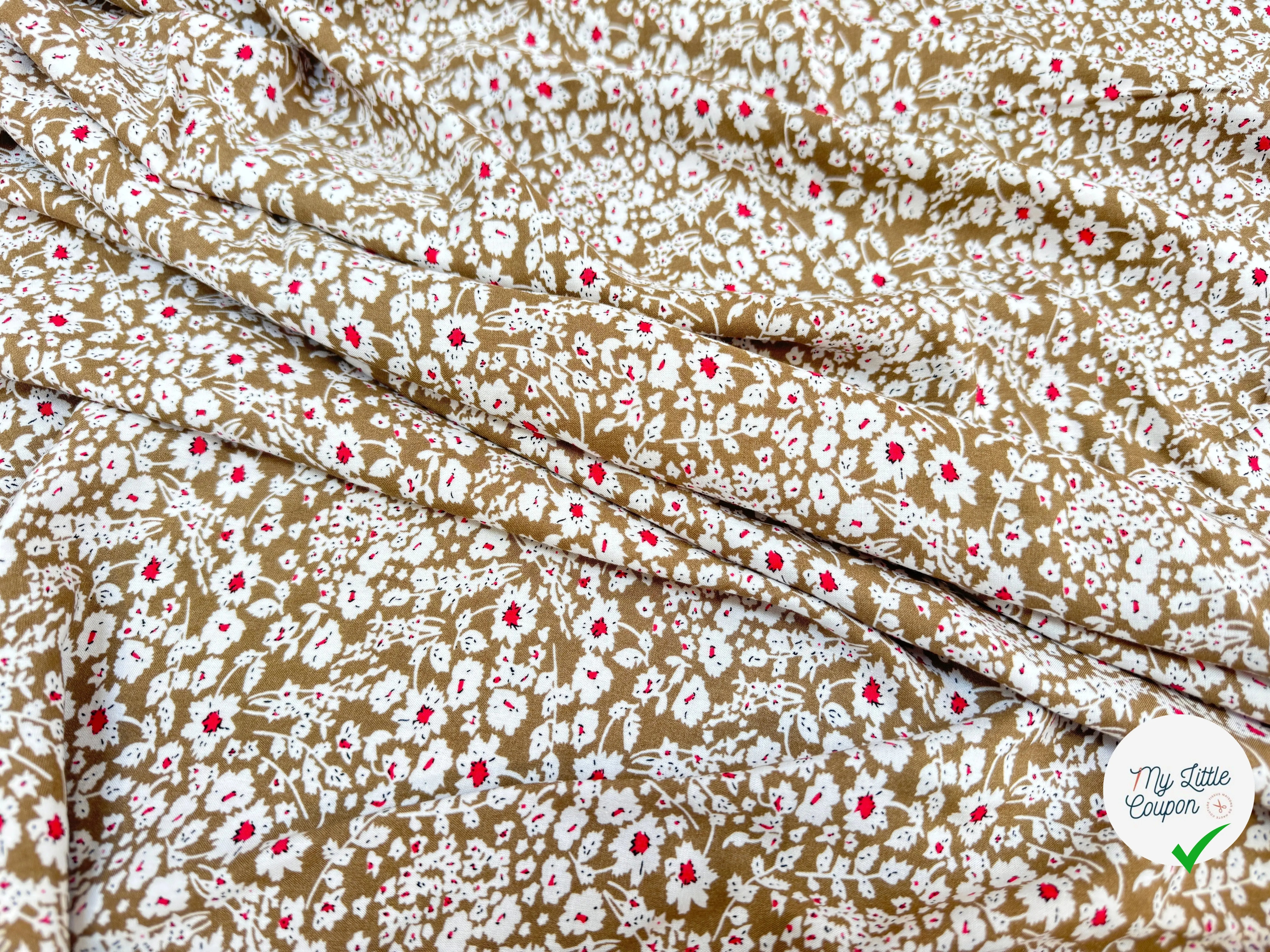 POPELINE DE VISCOSE TISSU IMPRIMÉ FLEURS MARRON TAUPE - My Little Coupon