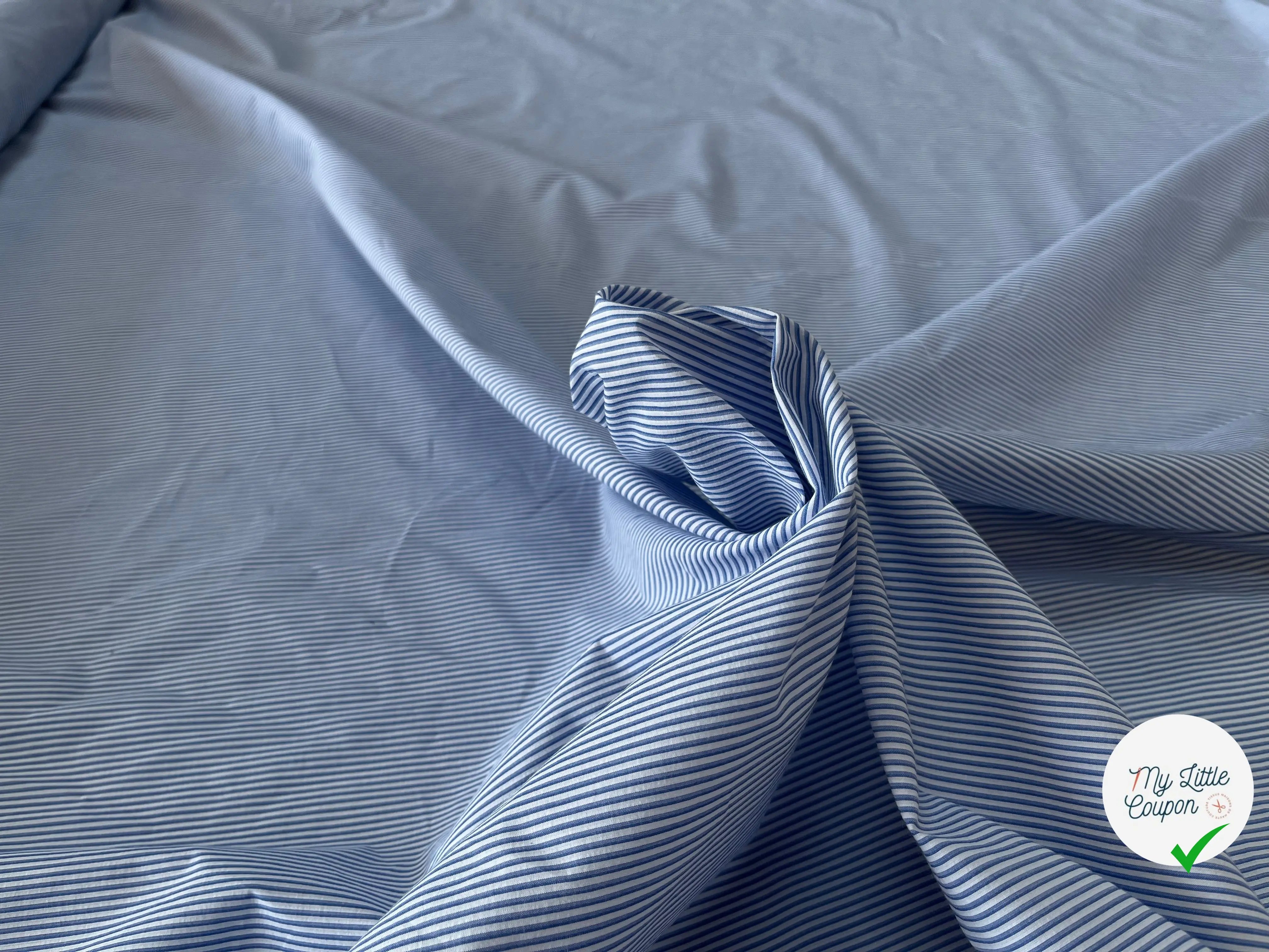 POPELINE DOUBLE RAYURE BLEU FOND BLANC - My Little Coupon