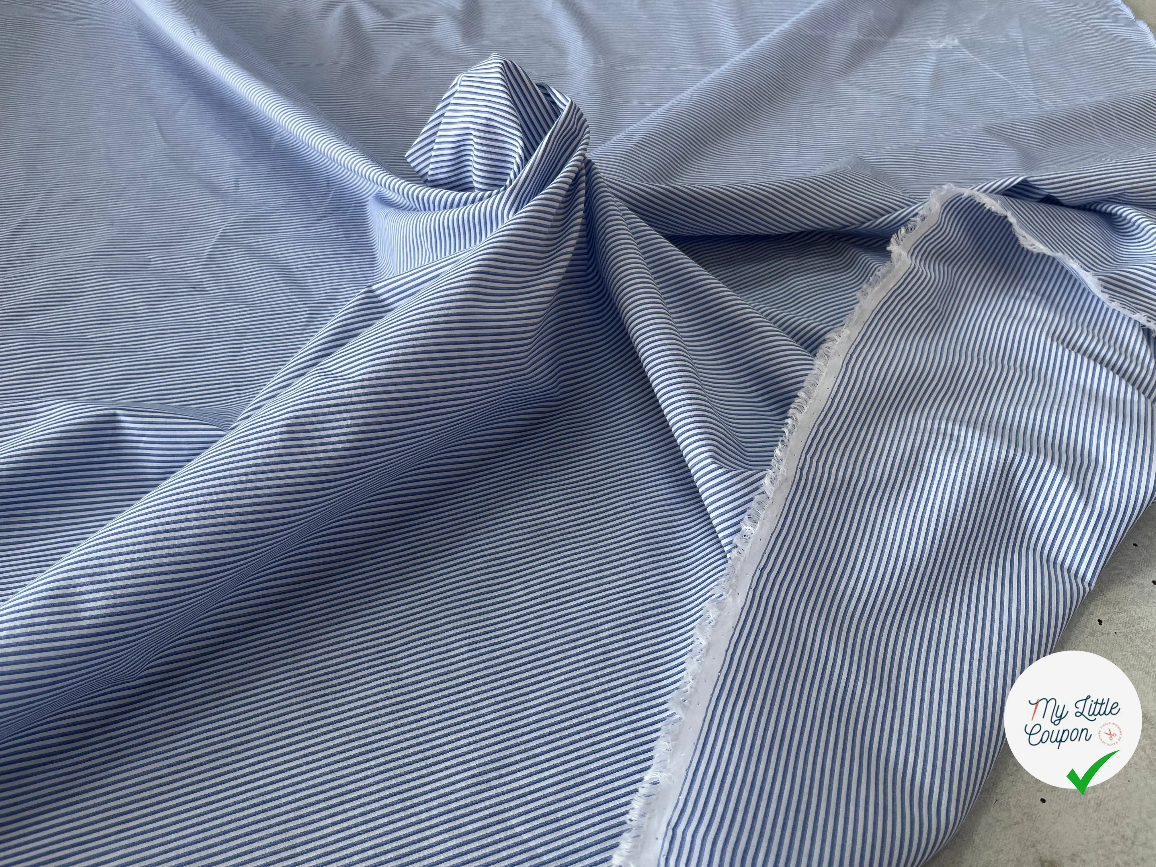 POPELINE DOUBLE RAYURE BLEU FOND BLANC - My Little Coupon