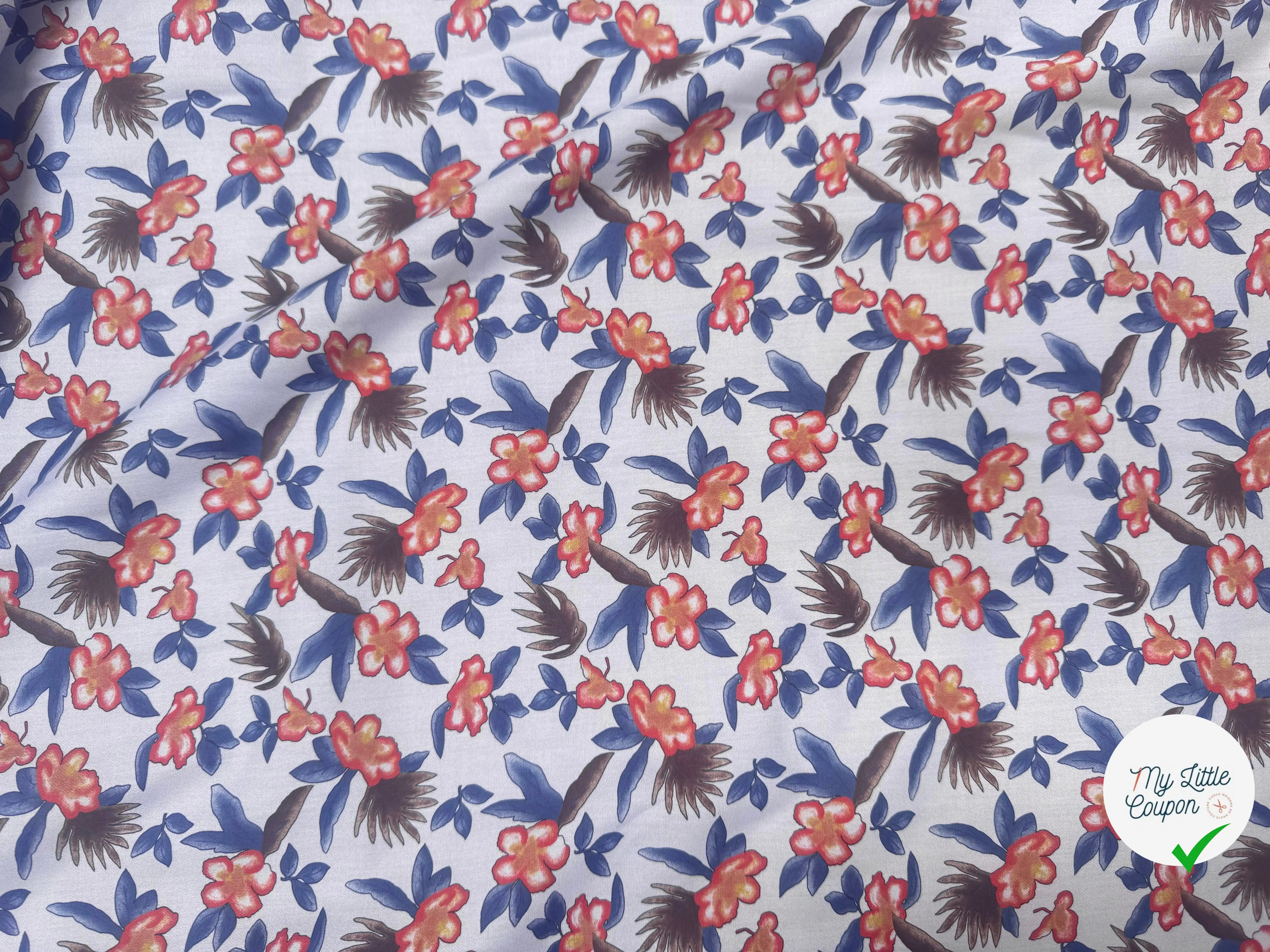 POPELINE SOUPLE COTON BLEU MOTIFS FLORAUX ORANGE BLEU MARRON - My Little Coupon