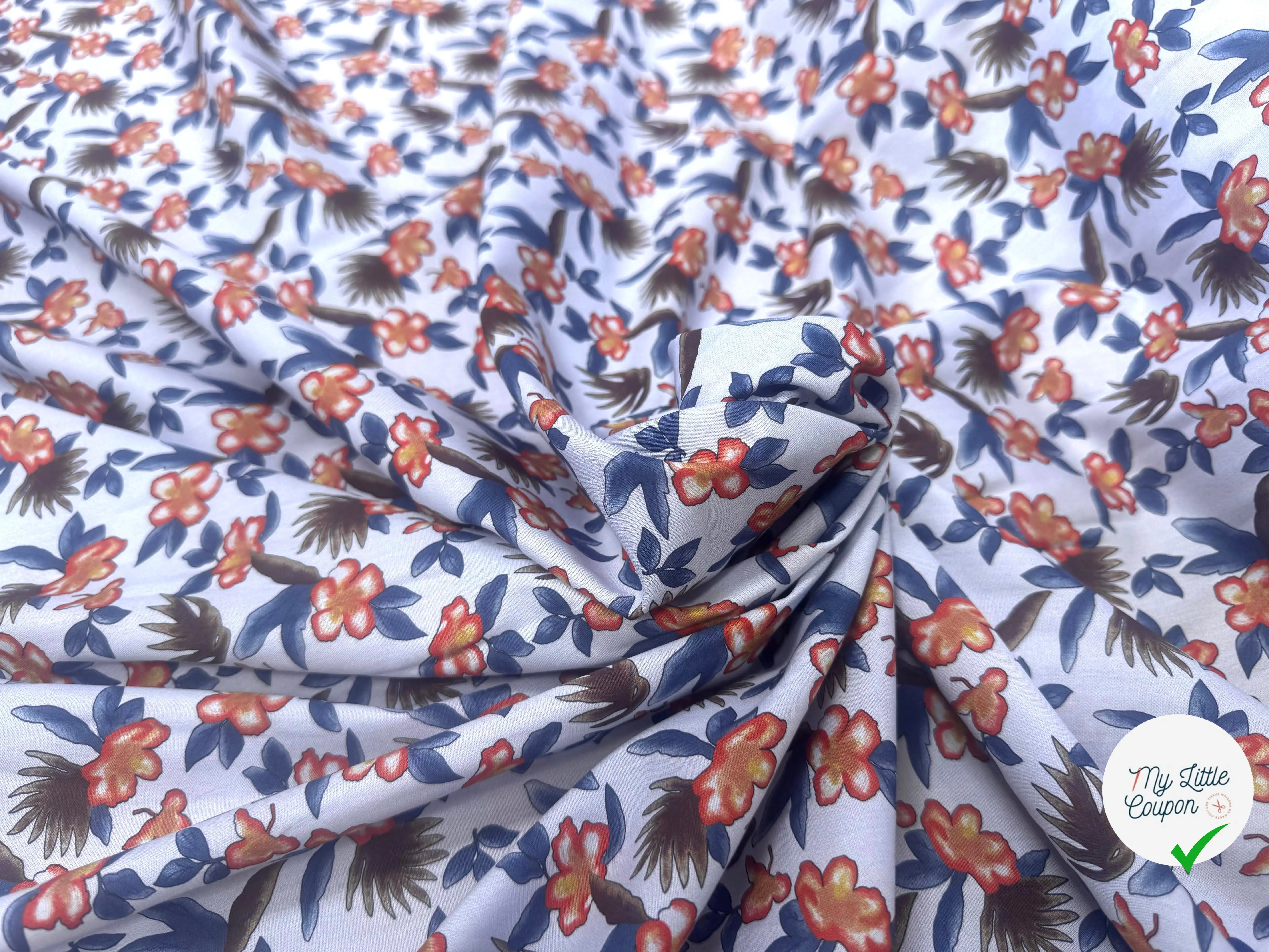 POPELINE SOUPLE COTON BLEU MOTIFS FLORAUX ORANGE BLEU MARRON - My Little Coupon