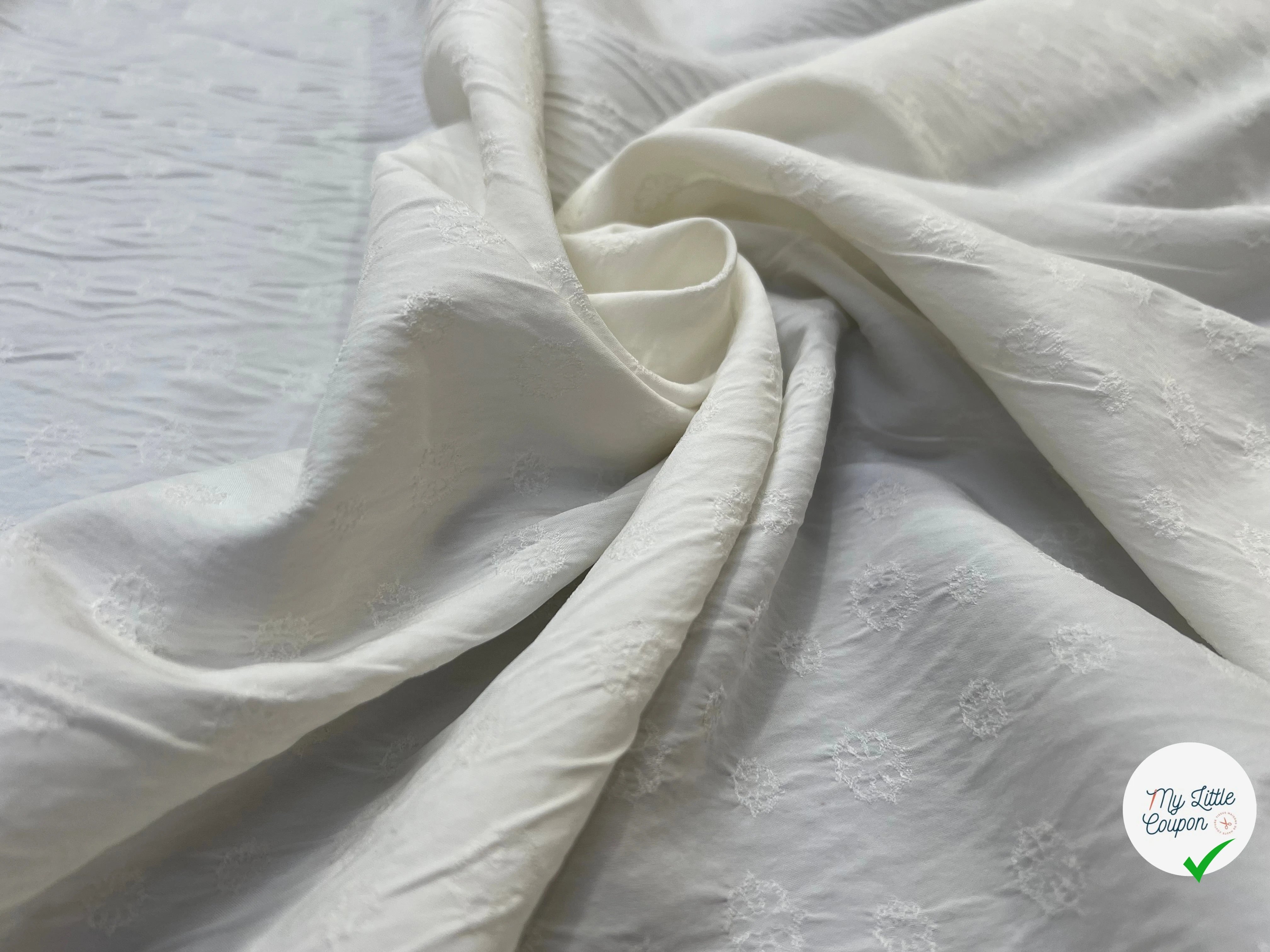 POPELINE STRETCH VISCOSE SOIE BLANCHE MOTIF ROCASE FLEUR - My Little Coupon