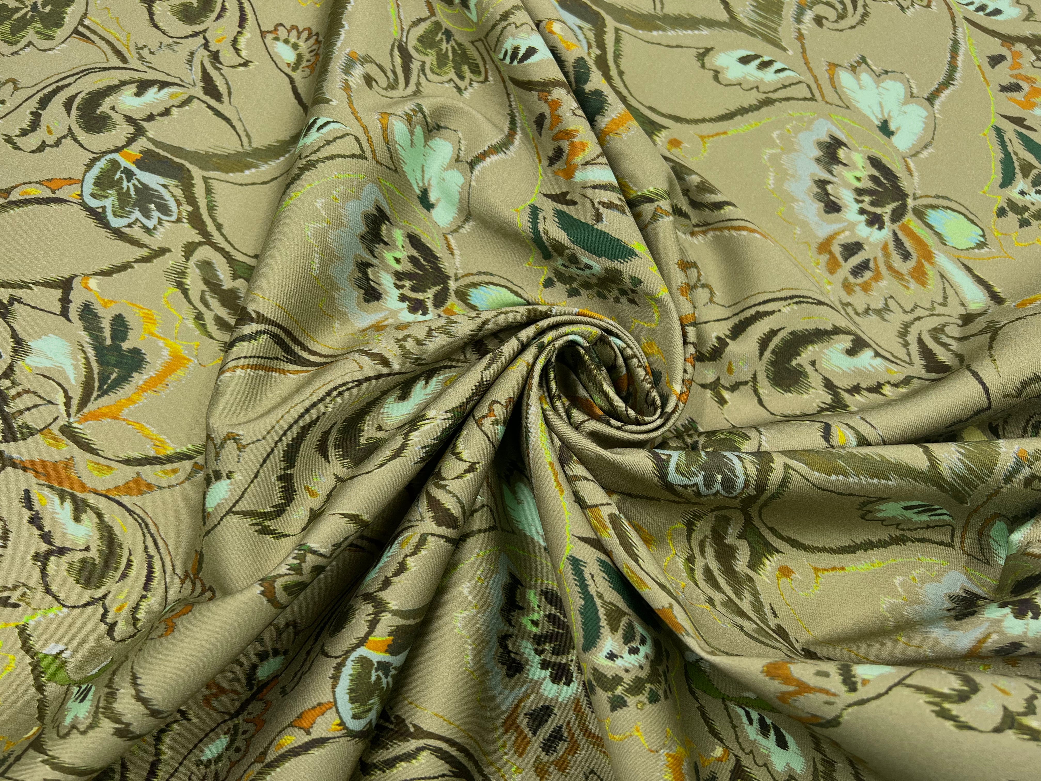 SATIN DE COTON STRETCH FLEUR D'ORIENT TONS DE KAKI MSO