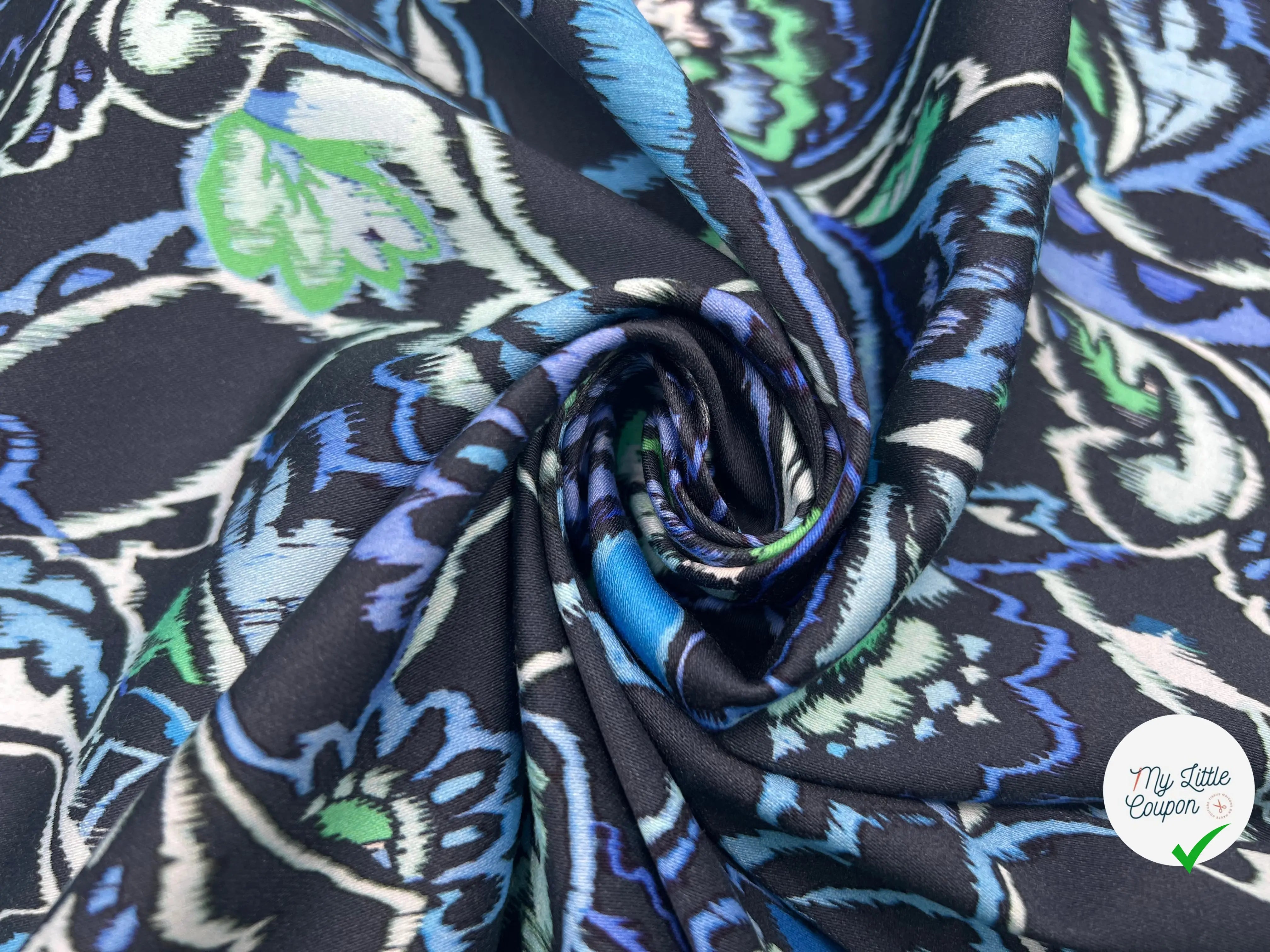 SATIN DE COTON STRETCH FLEURS D'ORIENT AQUAMARINA MSO