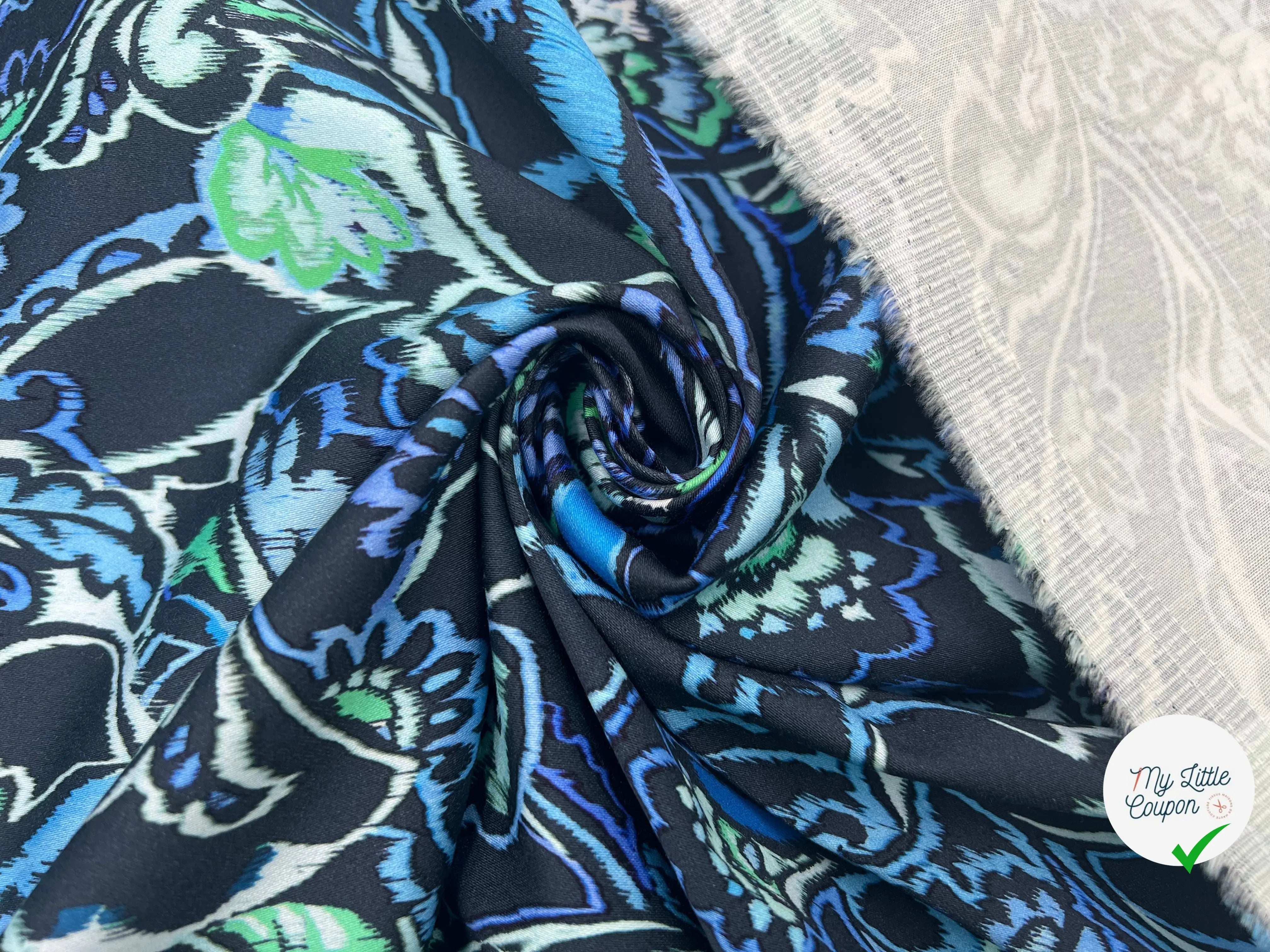 SATIN DE COTON STRETCH FLEURS D'ORIENT AQUAMARINA MSO