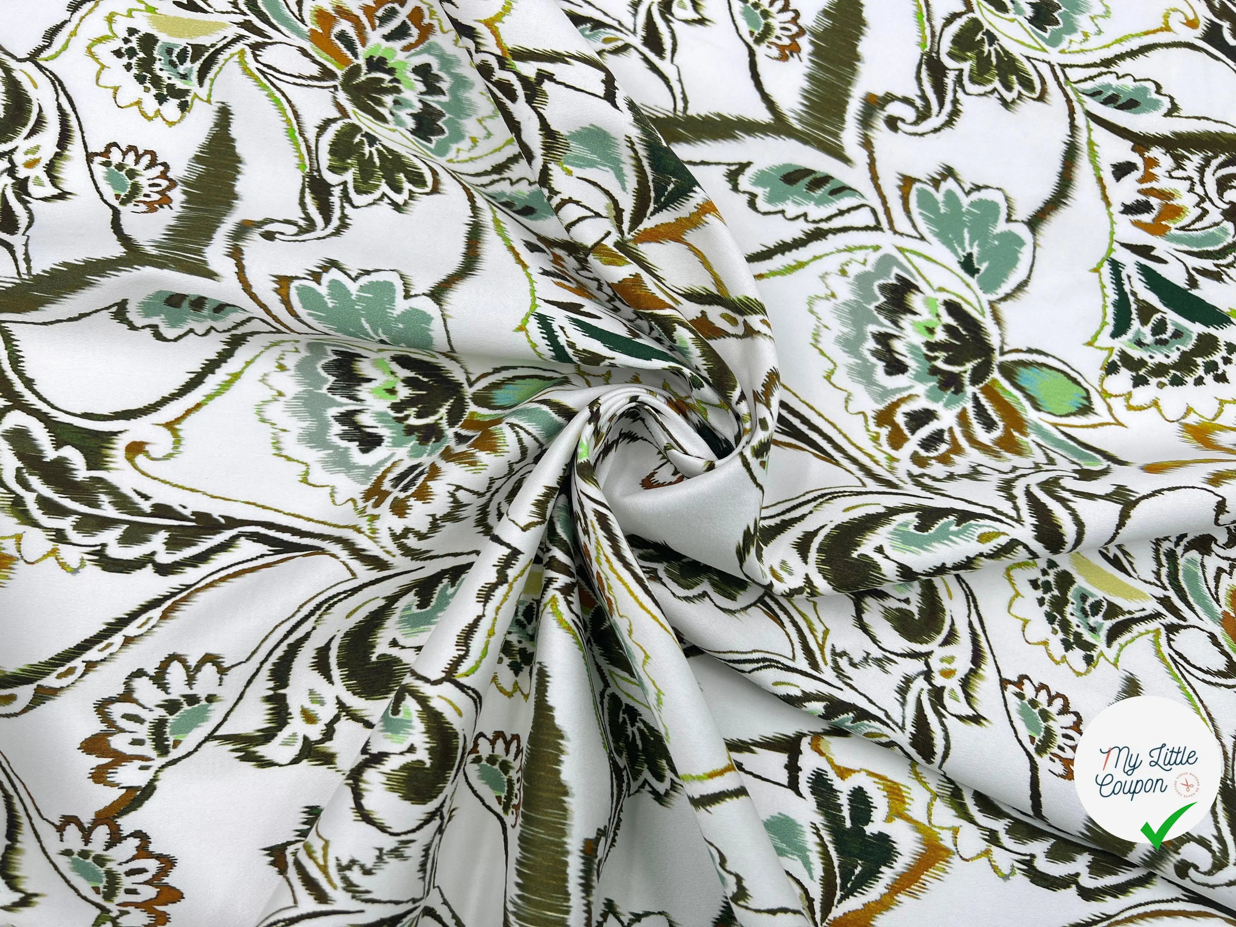 SATIN DE COTON STRETCH FLEURS D'ORIENT TONS DE PISTACHE - My Little Coupon