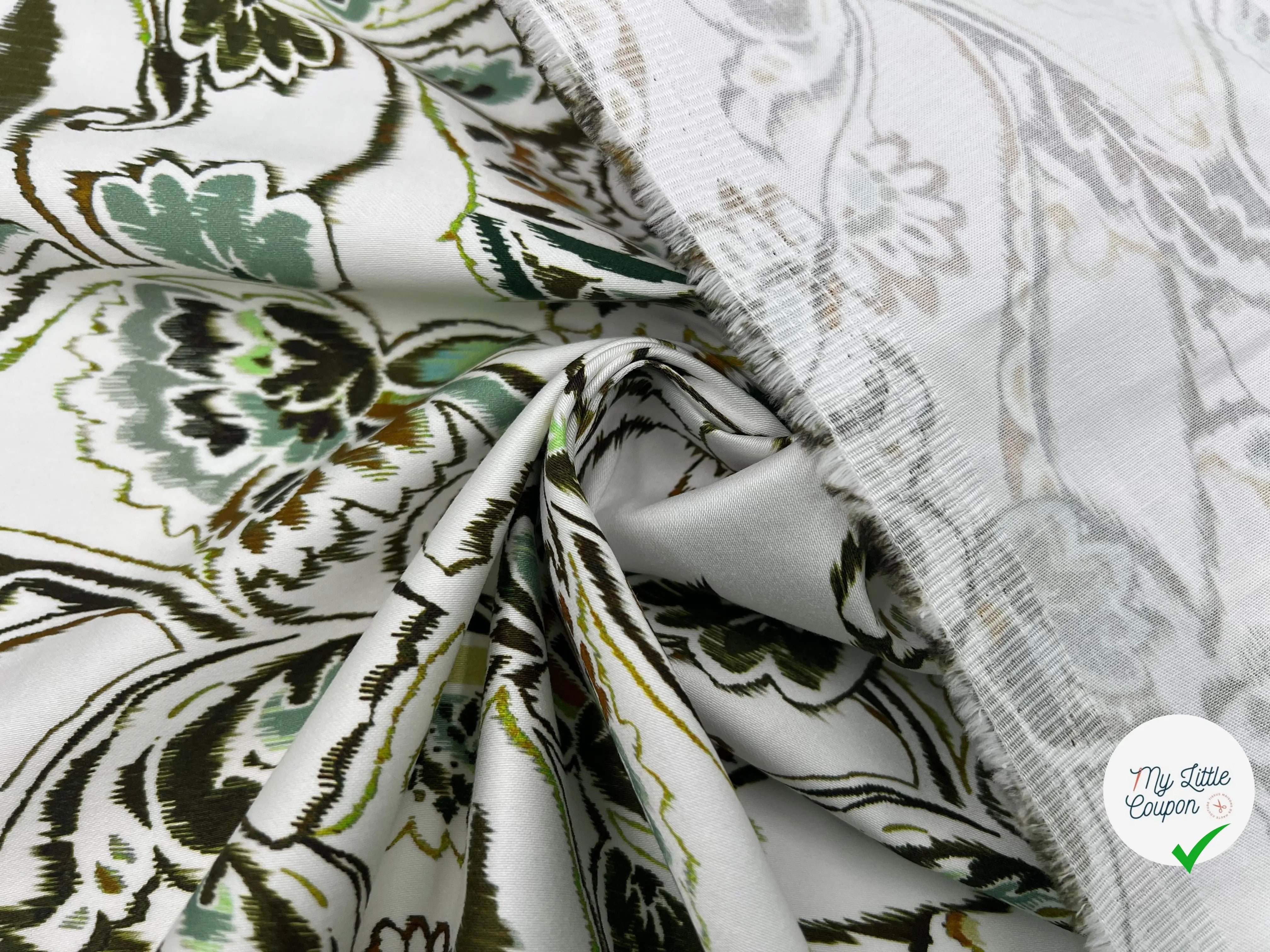 SATIN DE COTON STRETCH FLEURS D'ORIENT TONS DE PISTACHE - My Little Coupon