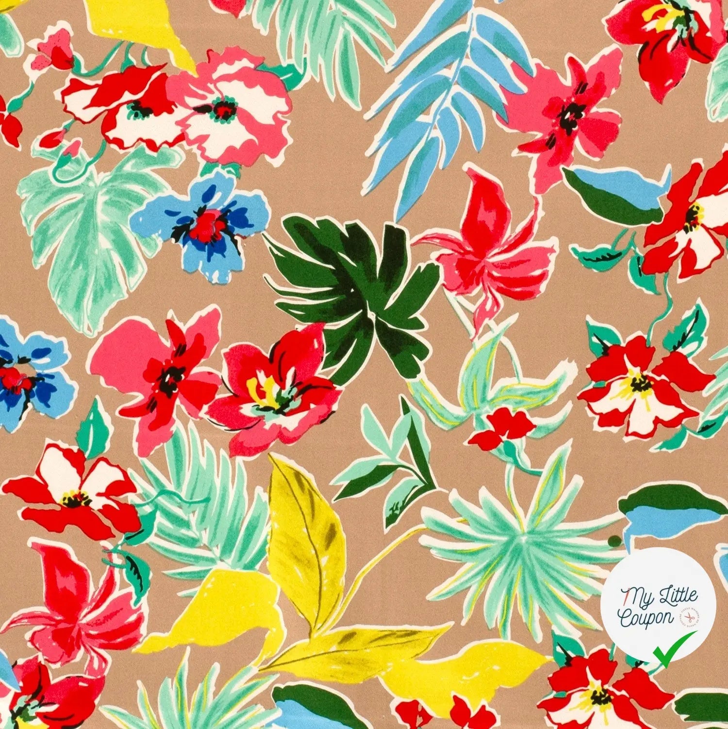 SATIN DE COTON TISSU IMPRIMÉ FLEURS CAMEL - My Little Coupon