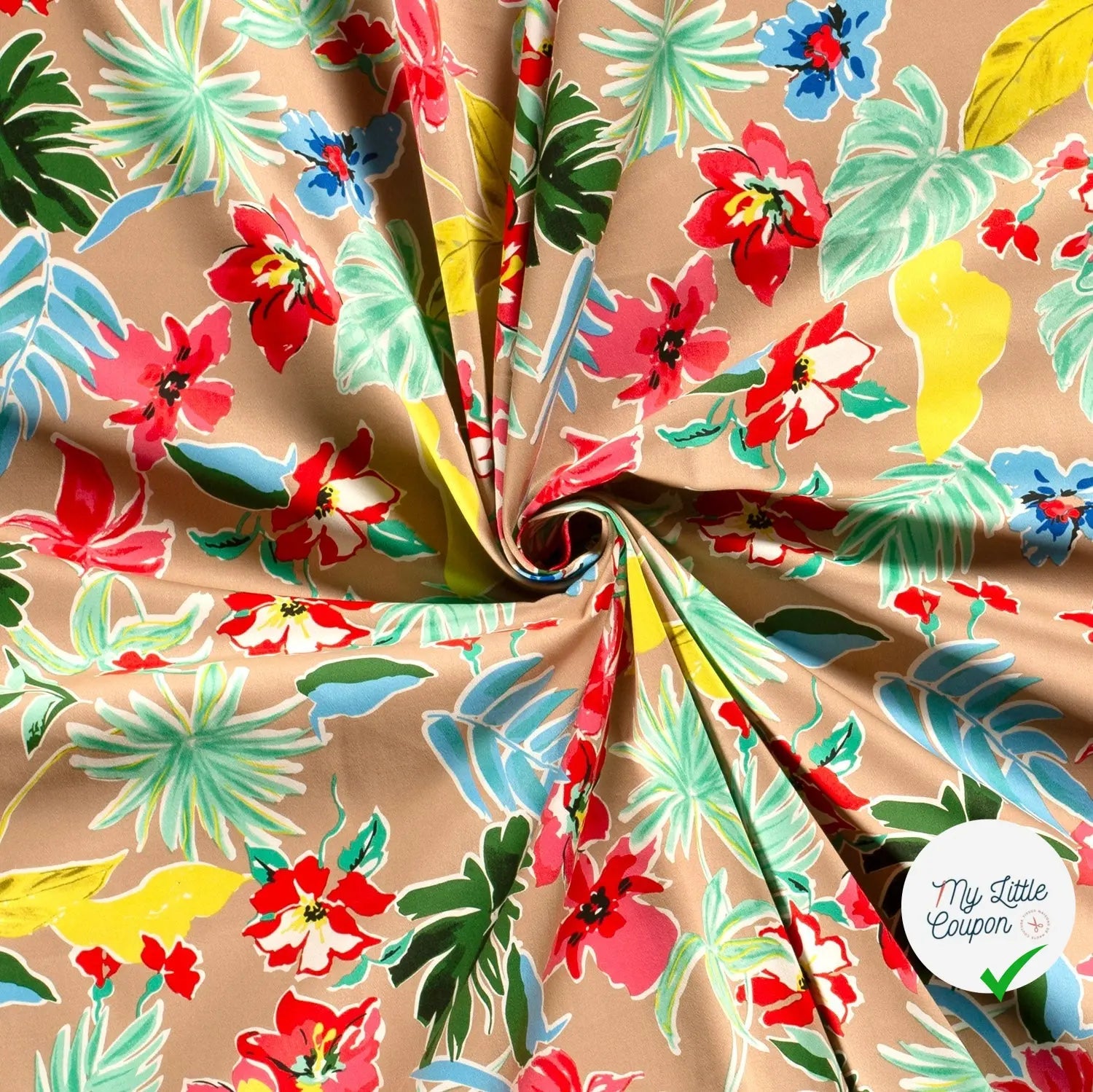SATIN DE COTON TISSU IMPRIMÉ FLEURS CAMEL - My Little Coupon